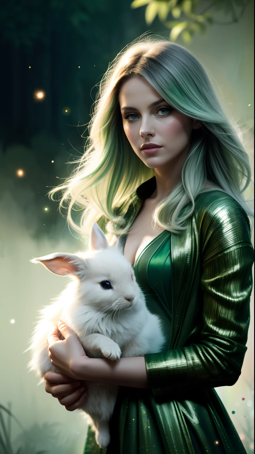 ((Film grain, bokeh, light particles ,Dust, Extreme camera angle)), Full-length kratinka, 1girl,dryad,Holding a gray rabbit in his hands, Love for nature, Unity with nature and flora In the style of light green and dark green, Dreamy and romantic compositions, pale green, Ethereal foliage, Playful arrangements,Fantasy, High contrast, ink strokes, explosions, over exposure, Green Tint Imprint , abstract, ((watercolor painting by John Berkey and Jeremy Mann )) brush strokes, negative space, Makeup artists do makeup for celebrities,(Masterpiece:1.2), Best Quality, Masterpiece, hight resolution, Original, extremely detailed wallpaper, perfect lighting,(extremely detailed CGI:1.2),