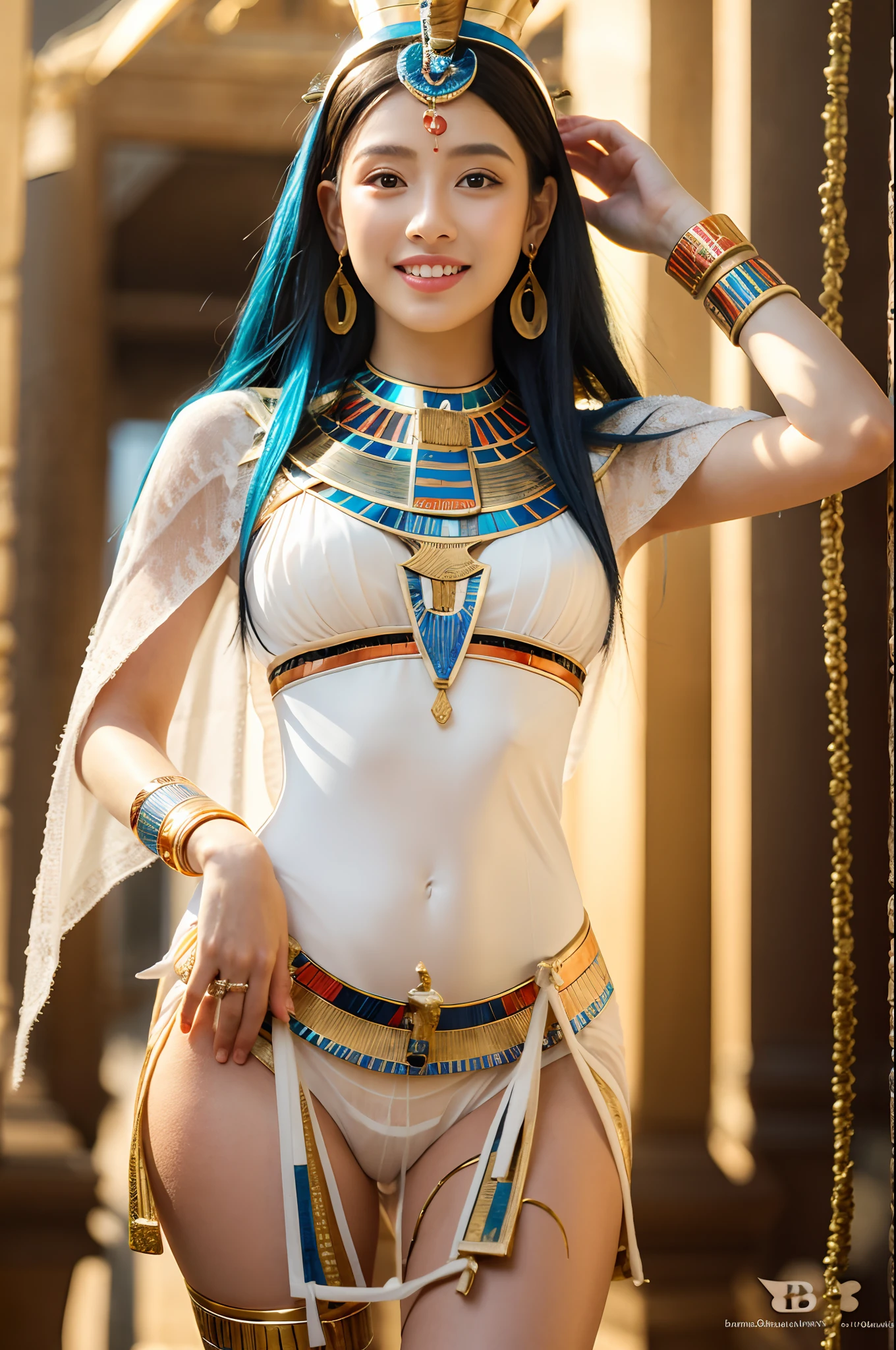 (((ancient egyptian Kalasiris))),(((ancient egyptian queen headpiece))),(((bib necklace))),(((bare inner thigh))),(((bangle))),(((ancient egypt traditional white sheer fabric cape))),ulzzang-6500-v1.1, (Raw photo:1.2), (Photo realistic:1.4), a beautiful detailed girl, extremely detailed eye and face, beautiful detailed eyes, ultra-detailed, High resolution, top-quality, masterpiece, highly detailed, 8k wallpaper, Wonderful, finely detail, top-quality, Light on the face,电影灯光,1girl in,(ancient egypt pyramids and sphinx),Beautiful eyes,smile,Opening Mouth