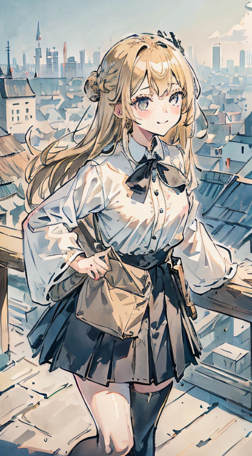 girl with、blondehair、Long、Smiling、White Volume Sleeve Blouse、Black pleated skirt、tights、lowfers、preppy、Small Pouch、Upper Eyes、Bunching hair、Medieval cityscape、
