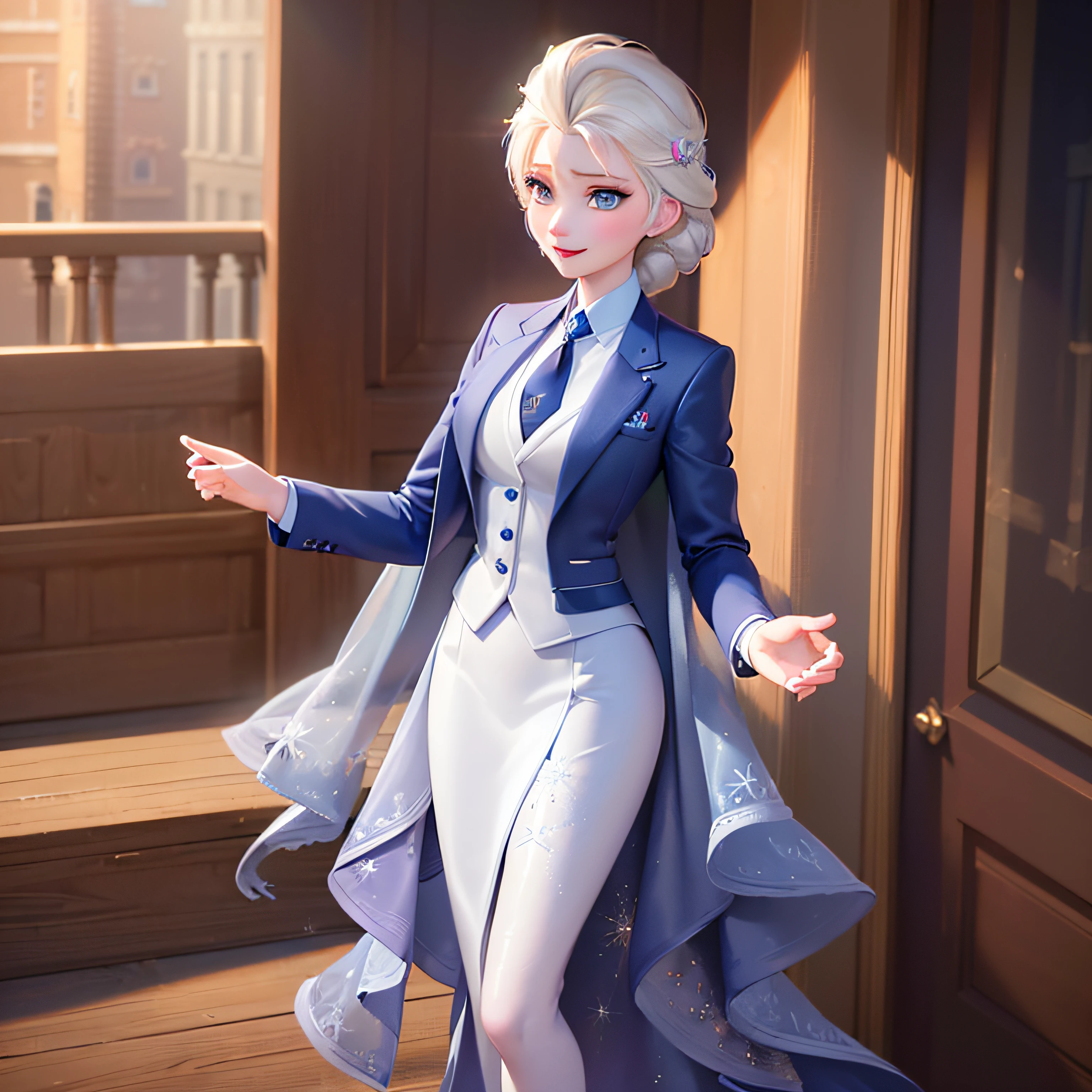 1girl, elsa of arendelle, wearing skirt suit, suit and tie, (((three-piece suit))), silk dress shirt, shirt and tie, necktie, ((blazer)), ((suit jacket)) ((waistcoat)), bodycon miniskirt, looking at viewer, smile, alluring, seductive, masterpiece, 8k, high resolution image, highly detailed eyes