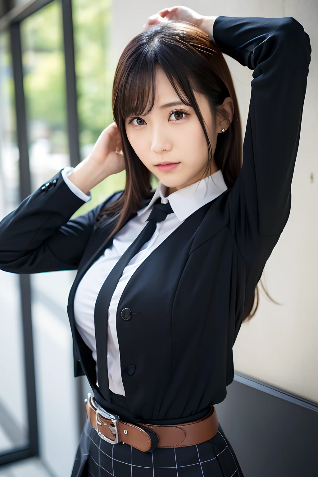 (masutepiece:1.2),High quality,vivd colour,flat-colors,Deep Depth Of Field,Lens Flare,1 girl,Black hair,eyecontact,Suit,Collared shirt,Belt bag,suspenders,Professional,Office Lady,Mature Women,Black mini skirt garterbelts knee high Stockings Black Niso Colorcon armpit sweat perspiring Side of both hands,Black jacket,Gaze,ample bosom,Armpit sweat,Exposing the armpits"Pichi Pichi clothes