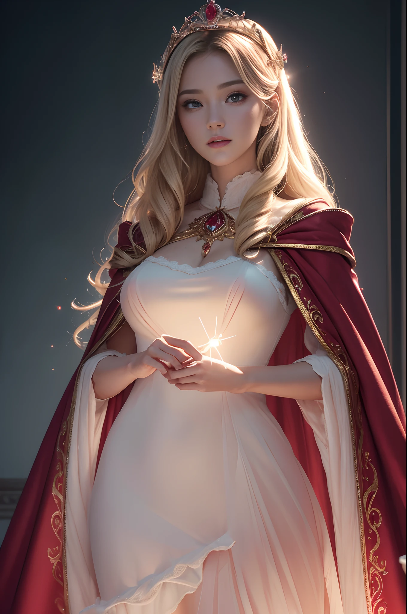 (masterpiece:1.2)、top-quality、(illustratio:1.2)、(ultra-detailliert)、Eye Focus、(Masterfully crafted Glow、pink lens flare)、(Cinematic background)、Hyper-detailing、(delicate detail)、(intricate detailes)、octan render、HDR、(Hyper-detailing:1.15)、(softlight:1.2)、Super Beautiful Princess,Woman in a very beautiful red and white dress、Golden decoration(super model:1.3)、Woman made up of paint、entirely paint、Splat、Splash、a blond(bionde:1.1)、(radiant eyes)、((make - up))、(cinematic masterpiece)、Delicate and powerful、 (Cinematic headlight)、((Caustic))、dynamic ungle、Beautiful detailed glow、ambient occlusion、ambient lights、ray trace reflection、(best illumination、extremely delicate and beautiful)、((ciinematic light))、(The soft:2)、vivid、highly contrast、back lighting、huge tit、Complex detailed EABA、red cloak、Silver tiara
