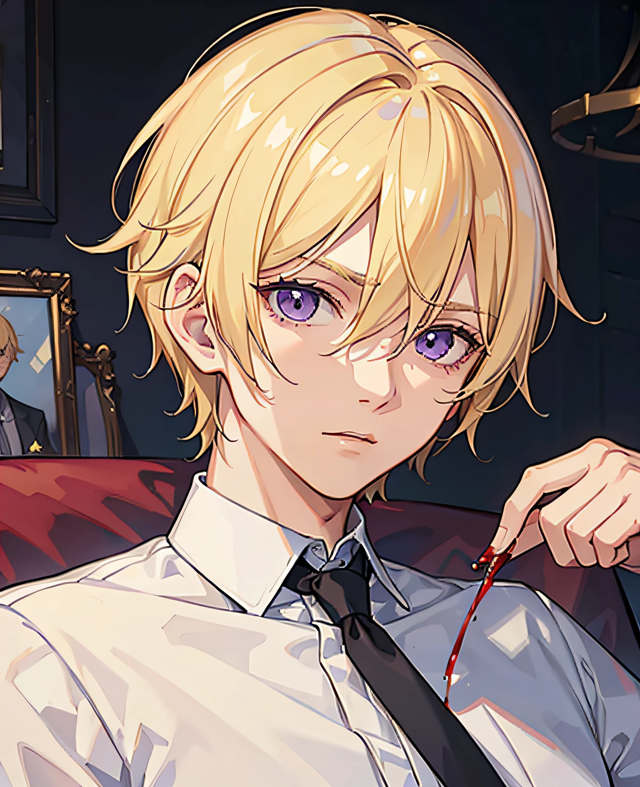 Masterpiece, 1boys, Blonde hair, Short hair, Purple eyes, Eyes, White shirt, Blood, lying on sofa , gloomy castle