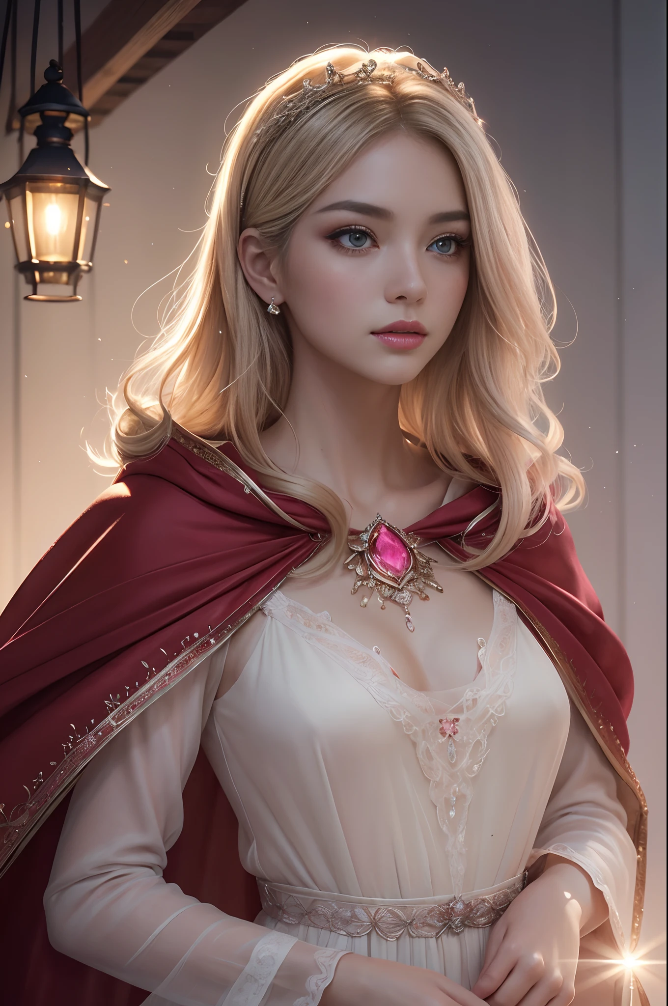 (masterpiece:1.2)、top-quality、(illustratio:1.2)、(ultra-detailliert)、Eye Focus、(Masterfully crafted Glow、pink lens flare)、(Cinematic background)、Hyper-detailing、(delicate detail)、(intricate detailes)、octan render、HDR、(Hyper-detailing:1.15)、(softlight:1.2)、Super Beautiful Princess,Woman in a very beautiful red and white dress、Golden decoration(super model:1.3)、Woman made up of paint、entirely paint、Splat、Splash、a blond(bionde:1.1)、(radiant eyes)、((make - up))、(cinematic masterpiece)、Delicate and powerful、 (Cinematic headlight)、((Caustic))、dynamic ungle、Beautiful detailed glow、ambient occlusion、ambient lights、ray trace reflection、(best illumination、extremely delicate and beautiful)、((ciinematic light))、(The soft:2)、vivid、highly contrast、back lighting、huge tit、Complex detailed EABA、red cloak、Silver tiara