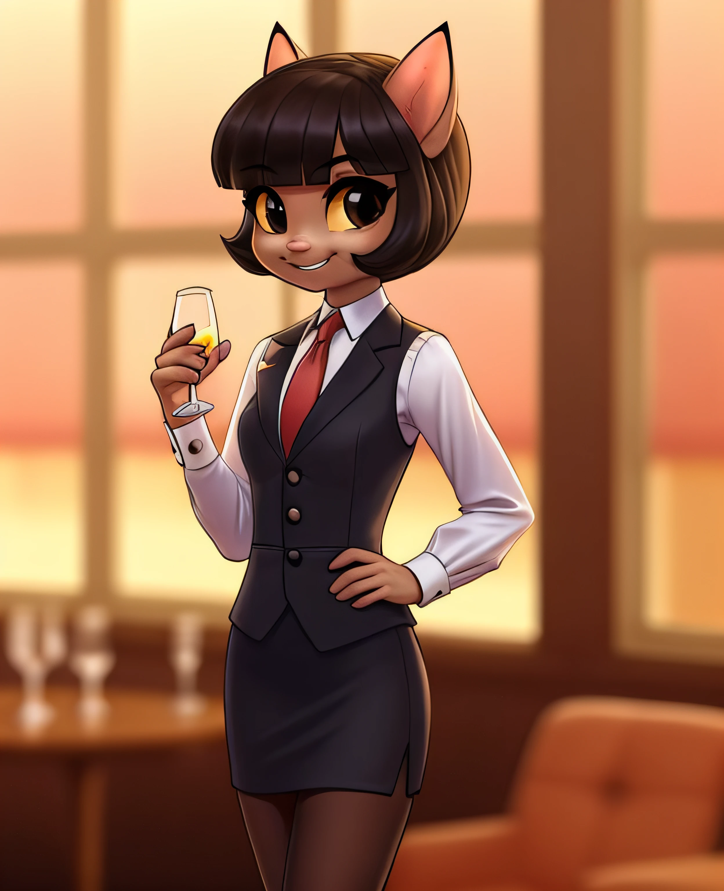 female, (Detailed face), (solo:1.1), [(thin:1.1) : small petite : (ivy pepper):4], (Detailed face), (more details, detailed background:1.1), (tail:1.1), smile, holding a glass in hand, white skirt suit, suit and tie, (((three-piece suit))), silk dress shirt, shirt and tie, striped necktie, ((blazer)), ((suit jacket)), open jacket, ((waistcoat)), bodycon miniskirt, tights,
