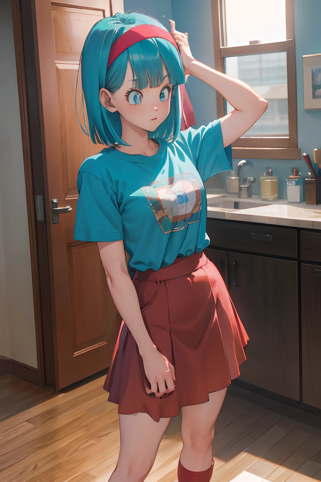 masterpiece, best quality, highres, dragon ball, blmmid, aqua hair, medium hair, blunt bangs, red hairband, medium breasts, shirt, skirt, cowboy shot, indoors, standing,