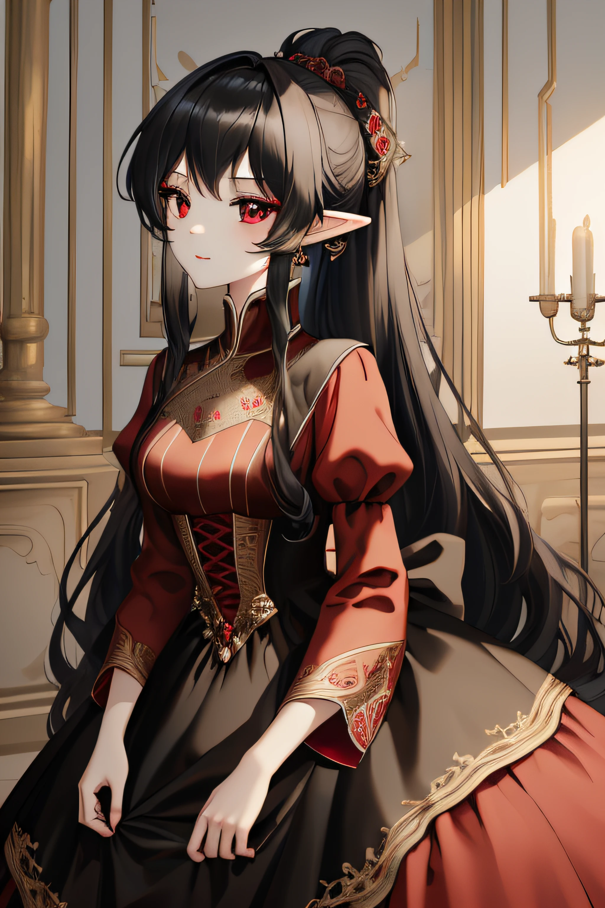 masterpiece, best quality, highres, 1girl, black red dress like princess, wearing a noble's dress, elegant dress, princess, elf, long hair, close up, indoor, ponytail, hair tied with a rope with red dice accessories, red eye, 20age, anime style, black hair with red inside, boob D cup, loking at viewer, loking at camera,
