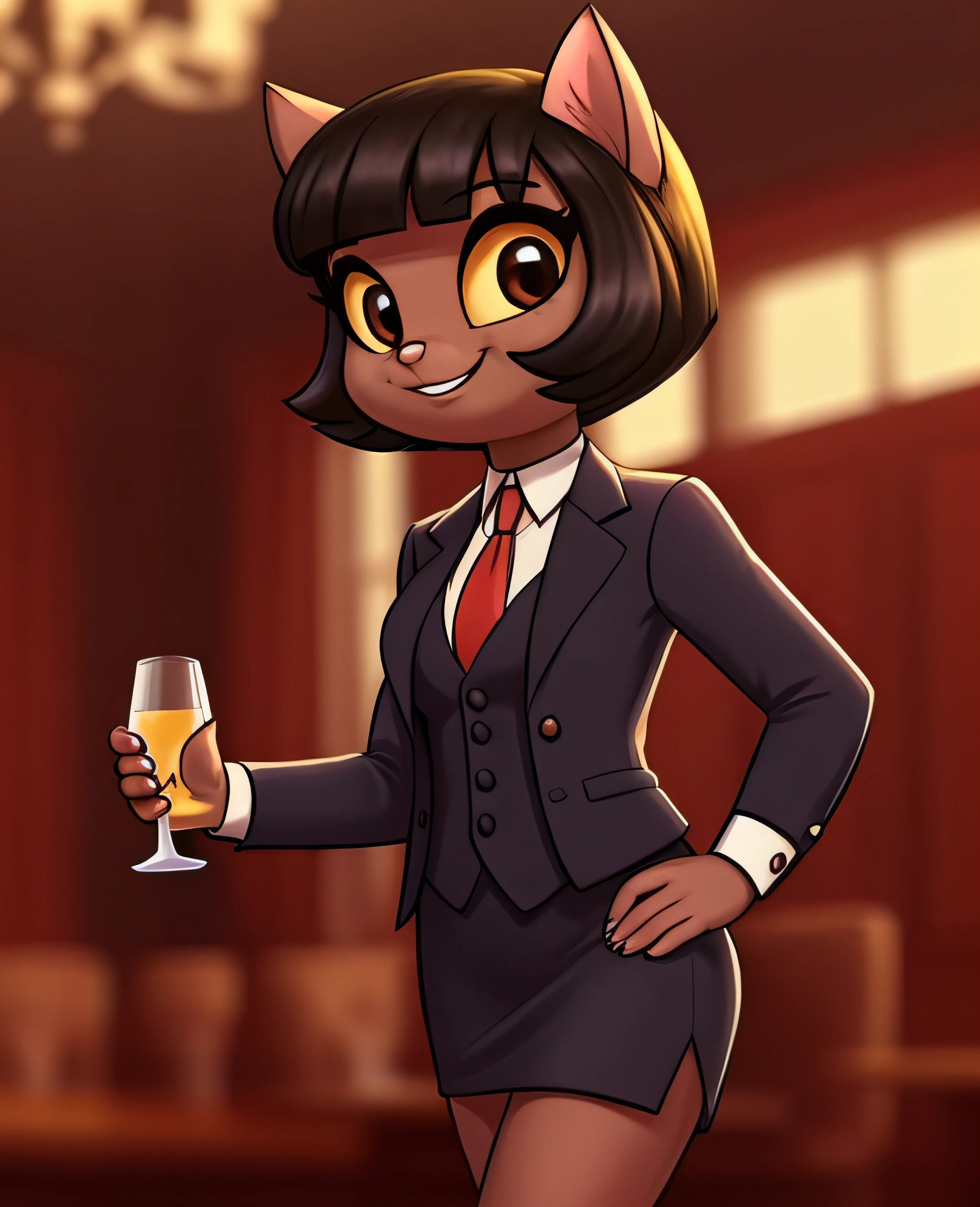 female, (Detailed face), (solo:1.1), [(thin:1.1) : small petite : (ivy pepper):4], (Detailed face), (more details, detailed background:1.1), (tail:1.1), smile, holding a glass in hand, white skirt suit, suit and tie, (((three-piece suit))), silk dress shirt, shirt and tie, striped necktie, ((blazer)), ((suit jacket)), open jacket, ((waistcoat)), bodycon miniskirt, tights,