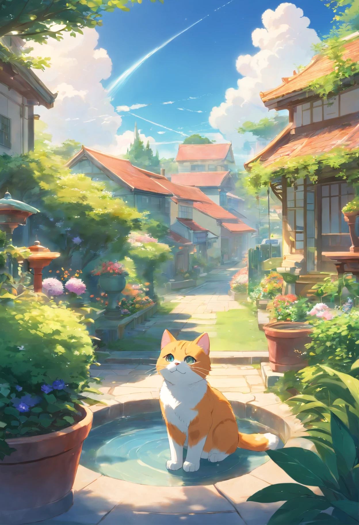 A round-eyed cute cat, Garden fountain, Distant houses