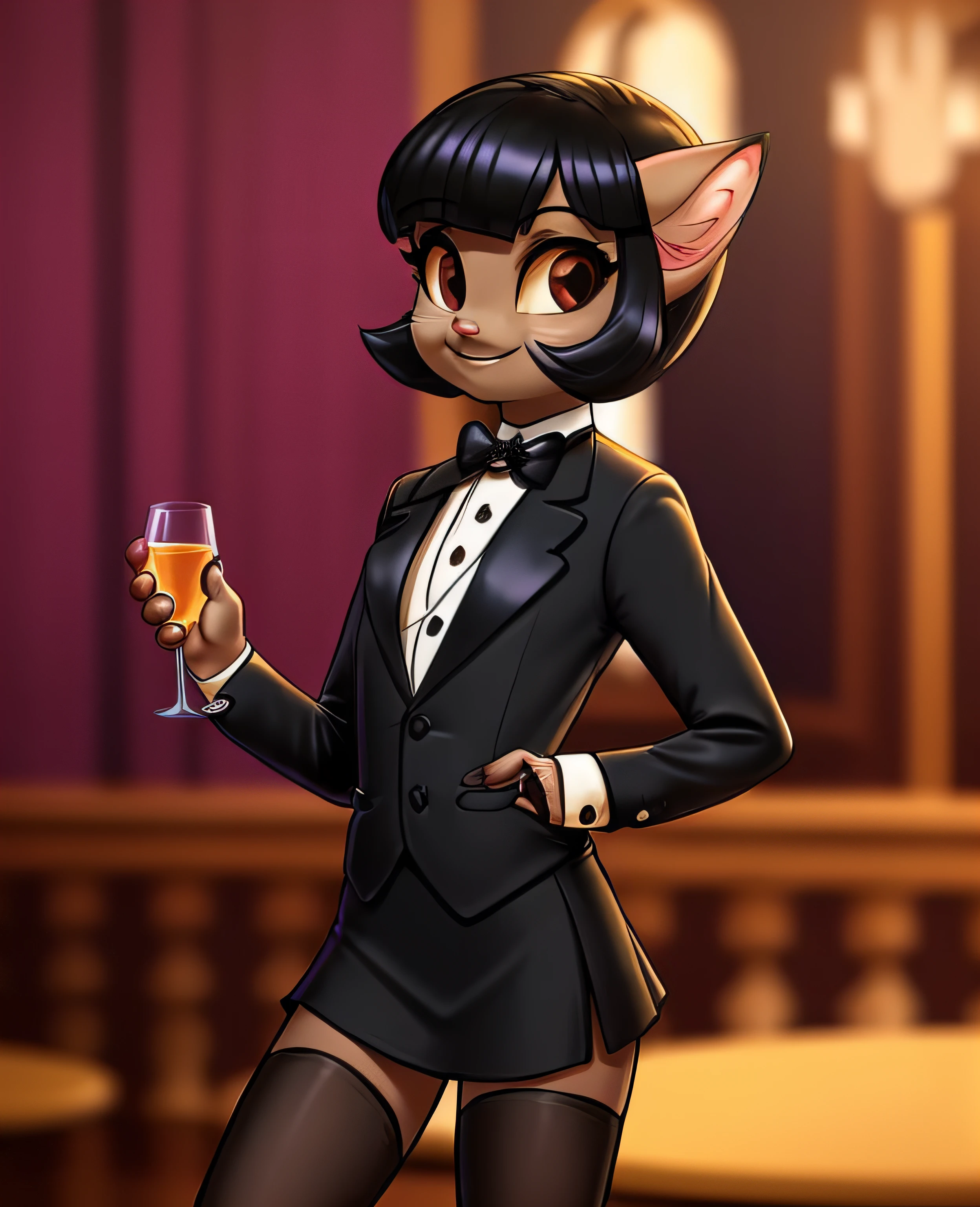 female, (Detailed face), (solo:1.1), [(thin:1.1) : small petite : (ivy pepper):4], (Detailed face), (more details, detailed background:1.1), (tail:1.1), smile, holding a glass in hand, white skirt suit, tuxedo, (((three-piece suit))), silk dress shirt, (((black bowtie))), ((blazer)), ((suit jacket)), open jacket, ((waistcoat)), bodycon miniskirt, tights,