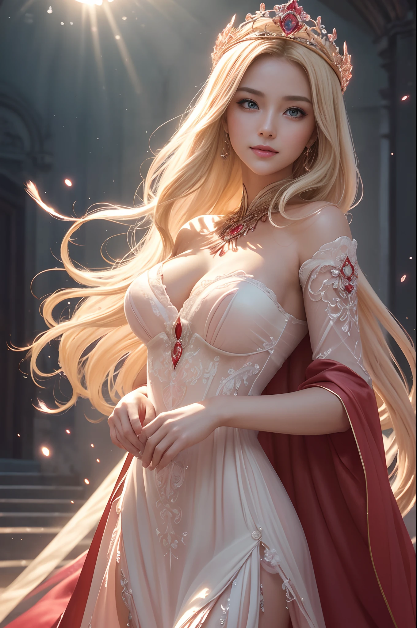 (​masterpiece:1.2)、top-quality、(illustratio:1.2)、(ultra-detailliert)、Eye Focus、(Masterfully crafted Glow、pink lens flare)、(Cinematic background)、Hyper-detailing、(delicate detail)、(intricate detailes)、octan render、HDR、(Hyper-detailing:1.15)、(softlight:1.2)、Super Beautiful Princess,Woman in a very beautiful red and white dress、Golden decoration(super model:1.3)、Woman made up of paint、entirely paint、Splat、Splash、a blond(bionde:1.1)、(radiant eyes)、((make - up))、(cinematic masterpiece)、Delicate and powerful、 (Cinematic headlight)、((Caustic))、dynamic ungle、Beautiful detailed glow、ambient occlusion、ambient lights、ray trace reflection、(best illumination、extremely delicate and beautiful)、((ciinematic light))、(The soft:2)、vivid、highly contrast、back lighting、huge tit、Complex detailed EABA、red cloak、Silver tiara