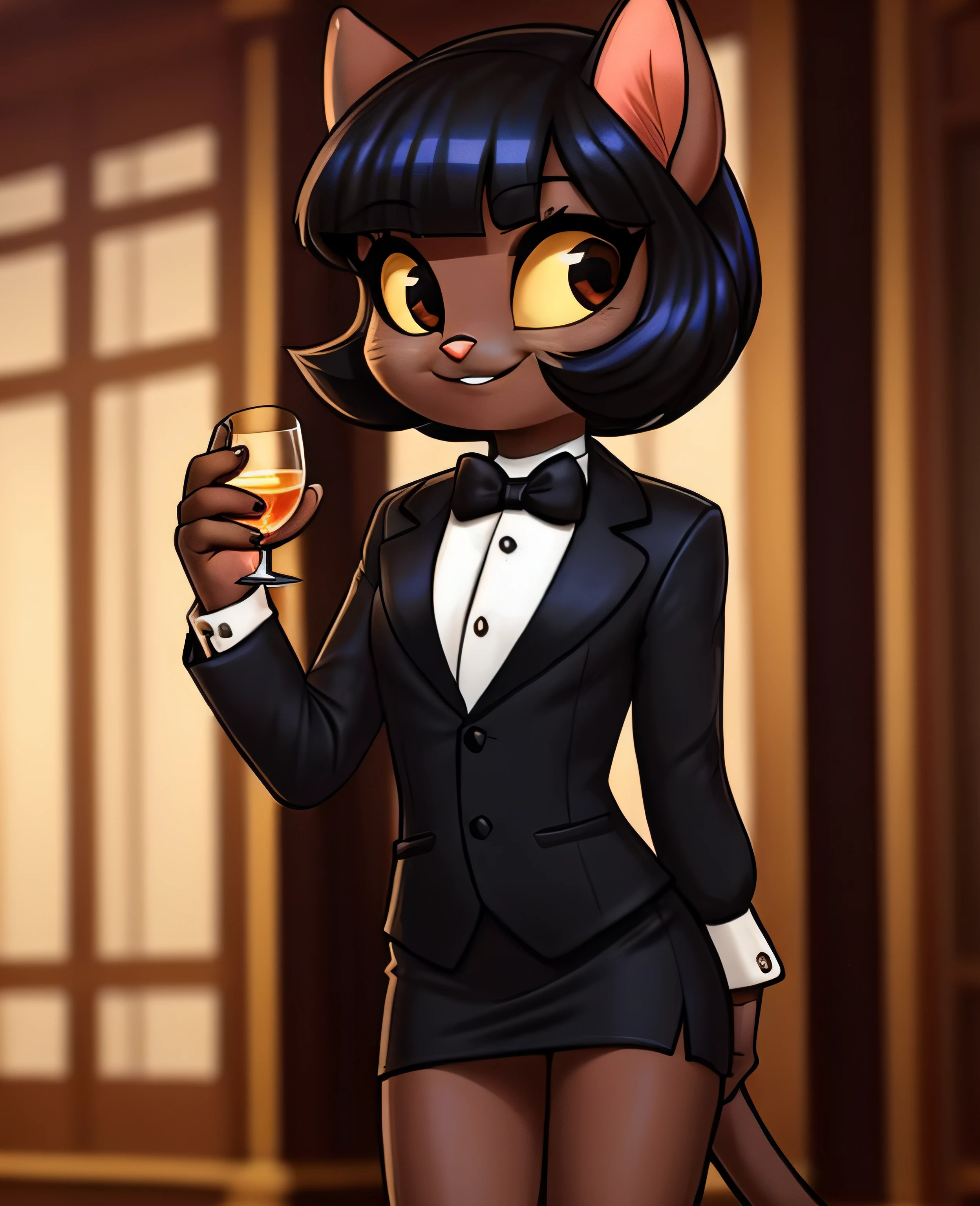 female, (Detailed face), (solo:1.1), [(thin:1.1) : small petite : (ivy pepper):4], (Detailed face), (more details, detailed background:1.1), (tail:1.1), smile, holding a glass in hand, white skirt suit, tuxedo, (((three-piece suit))), silk dress shirt, (((black bowtie))), ((blazer)), ((suit jacket)), open jacket, ((waistcoat)), bodycon miniskirt, tights,