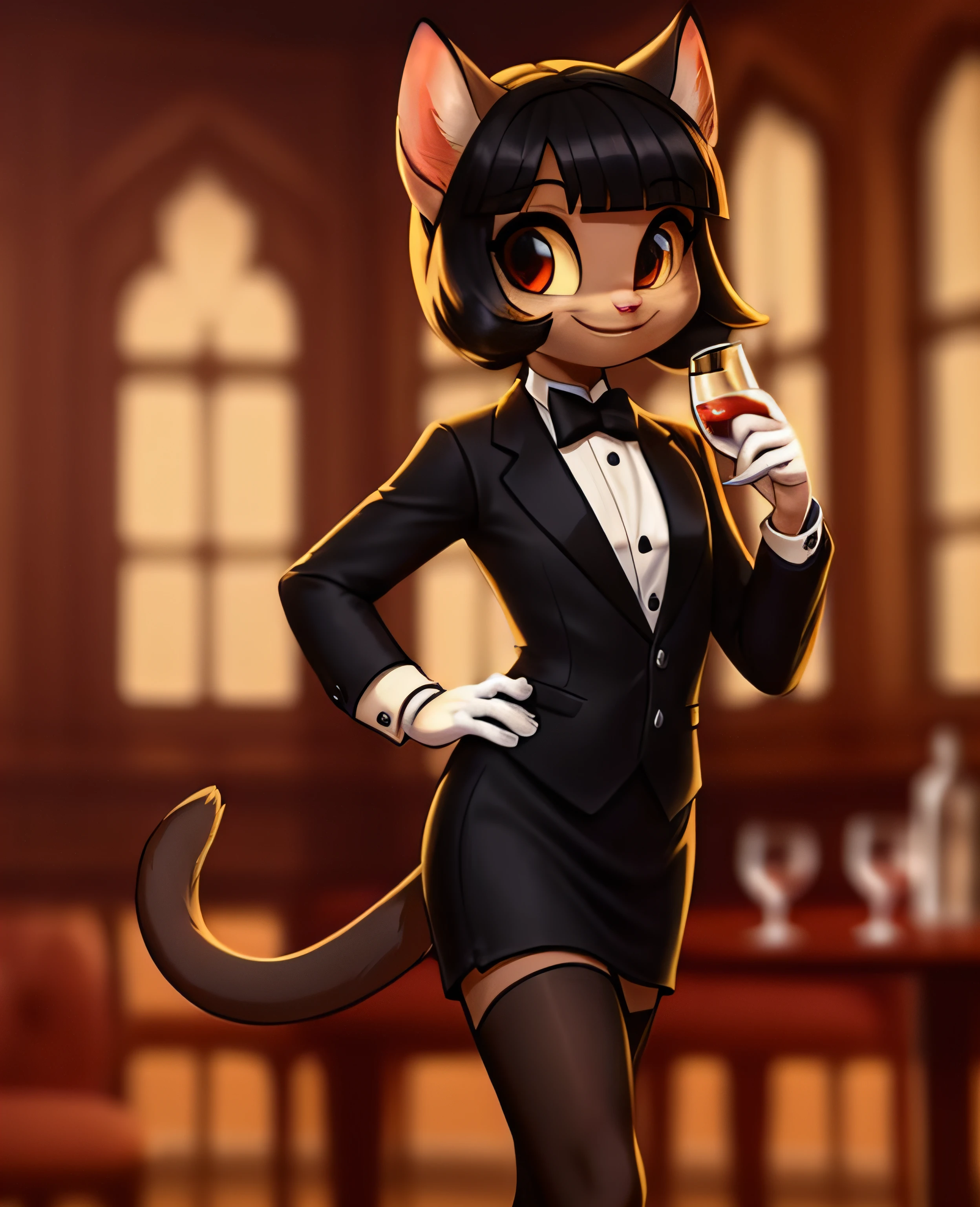 female, (Detailed face), (solo:1.1), [(thin:1.1) : small petite : (ivy pepper):4], (Detailed face), (more details, detailed background:1.1), (tail:1.1), smile, holding a glass in hand, white skirt suit, tuxedo, (((three-piece suit))), silk dress shirt, (((black bowtie))), ((blazer)), ((suit jacket)), open jacket, ((waistcoat)), bodycon miniskirt, tights, ((tail)), white gloves