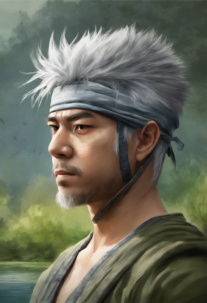 Kakashi Hatake, (in a lake), masterpiece, best quality, ultra quality, absurd details, best light, best shadow, sharp, sharp picture, detailed face, detailed eyes, detailed hair, detailed, extremely detailed, great resolution, 8k, 4k, uhd, ray tracing, beautiful effects, image of (full body)