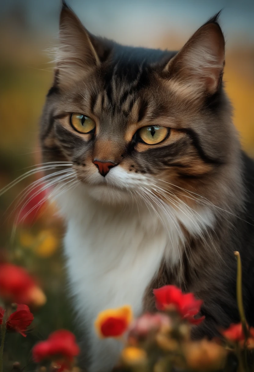 Gato, pintura estilo 3D aquarela, Gato do campo, Gato forte, confiante, imagem completa, High resolution high contrast (fotorrealista:1.5), foco no rosto do gato(Foto RAW, 8k UHD)