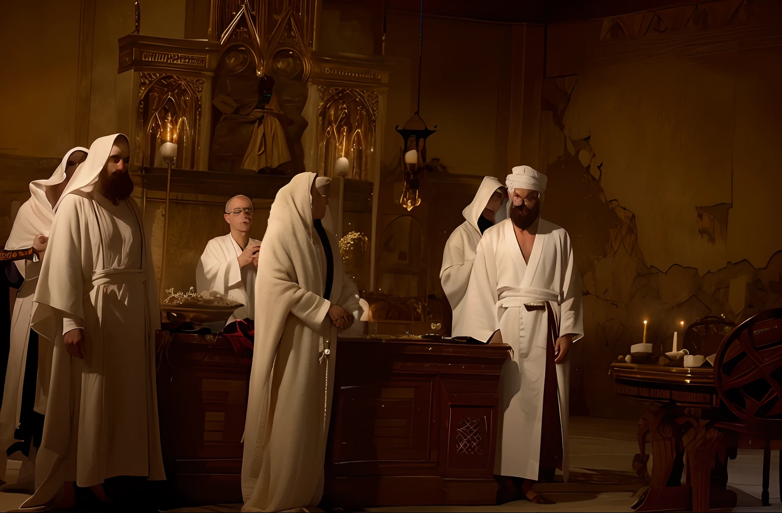 Several people in white robes are standing around the table, robed figures sat around a table, dressed in white robes, white robes, clad in robes, wearing a white robe, Ancient kings in white robes, covered in robes, wearing robe, flowing white robes, religious robes, golden-white robes, wearing a white robe!, wearing flowing robes, in robes,Dark depiction of photos 8K,Dark atmosphere, Professional Photography, hight resolution, Advanced analytics,Vivid depiction of human face,Dangerous rituals、Draw the face clearly、Vivid depiction of the face of the person wearing the robe、4K,darkness,8k,
