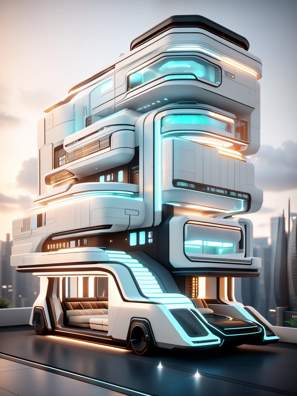 Close-up of the five-story bus,Interior lighting, Casa futurista, 3 d render beeple, Very futuristic, cyberpunk apartment, large futuristic residence, in the style of beeple, cyberpunk apartment, stunning high tech, luxury hd render, beeple rendering, beeple.hyper photorealism, archviz,large futuristic residence, incredible high details, stunning architecture, futuristic design, Realistic architecture, luxury hd render, Ultra Luxo, detailed futuristic architecture, stunning high tech, futuristic concept design, Futuristic architecture, neofuturistic highly detailed