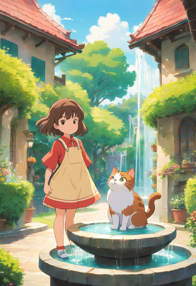 A girl, a round-eyed cute cat, Garden fountain, , Distant houses