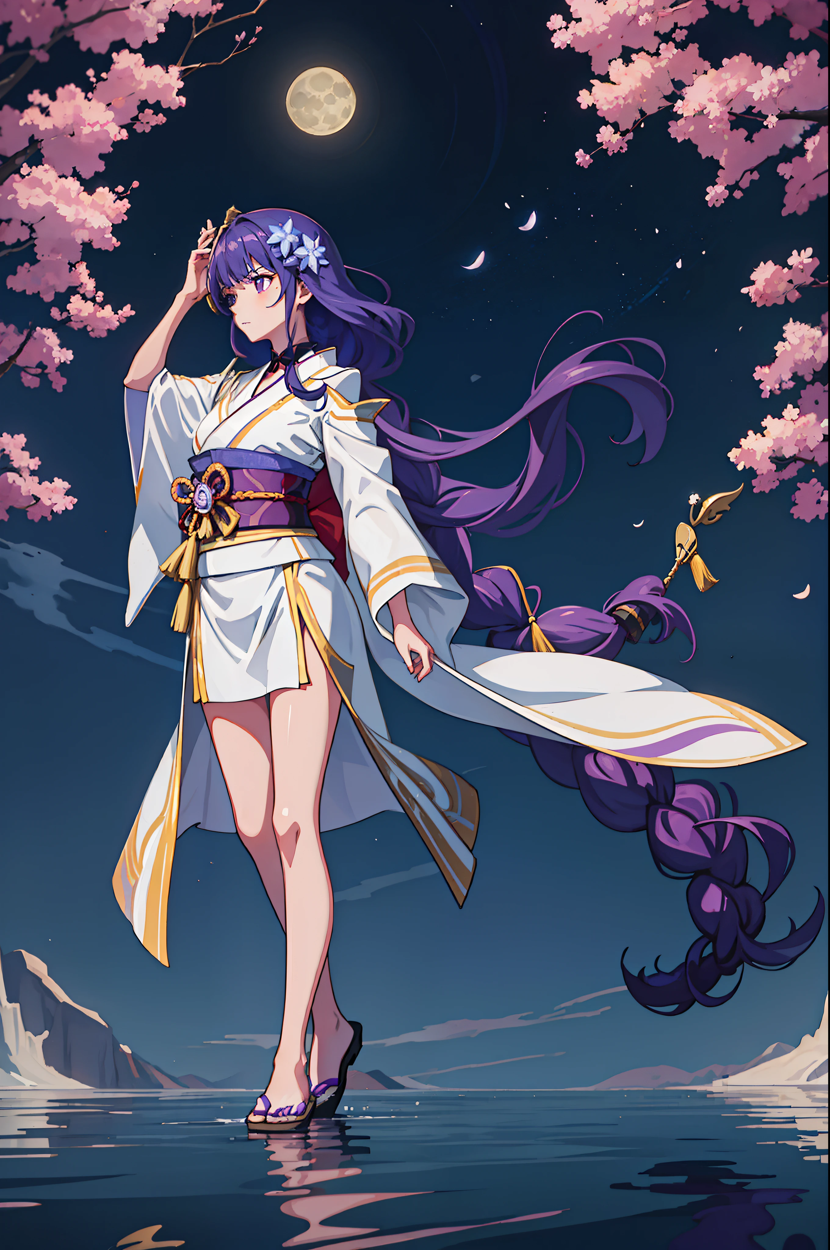 （Scene depicting a woman walking on the surface of a lake）Ripples spreading from the soles of the feet，The lake is very quiet，Like a mirror。She wore a kimono with her long purple hair bunched up，Show me her meaty legs。Her image is very anime-like，It's as if it's right in front of you，Eta、The picture is very clear，gives lightness、Ethereal feeling。Moonlit、high-level image quality、hightquality、masutepiece、Face Details、Big Moon、anime image、Anime style