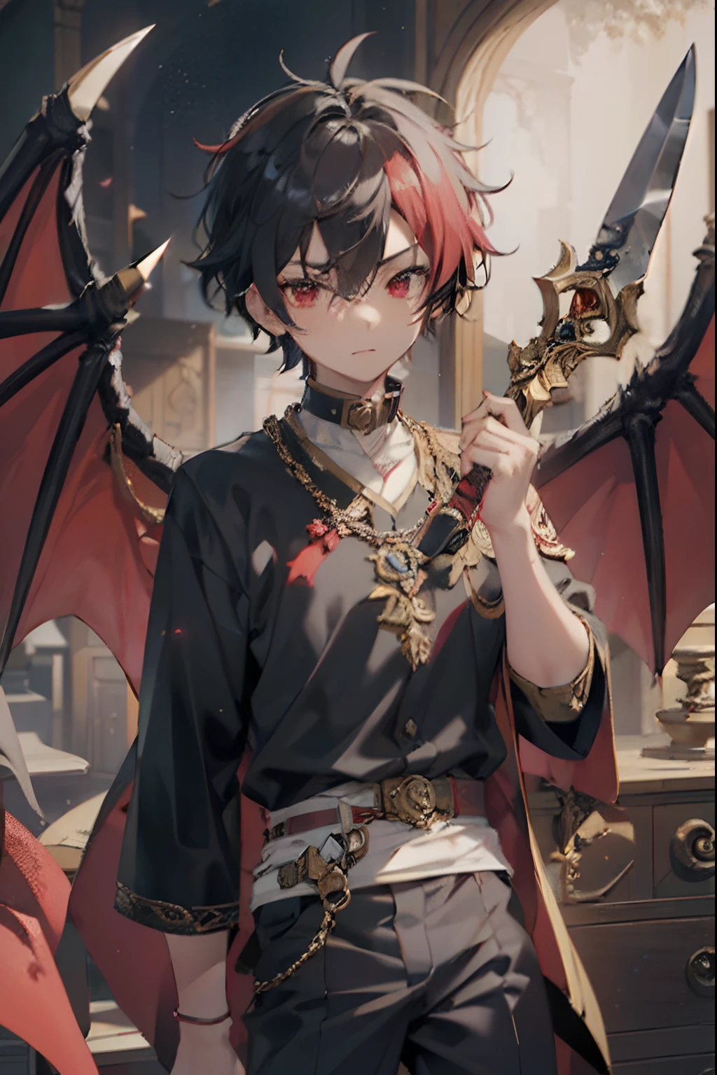 Best quality,Hyper-detailing,high-density imaging review,Masterpiece:1.2,A high resolution,((Male teenager)),(The boy's body),((male people)),Handsome and cute boy,14 year old boy,Immature boys,lovely boy,solo person,Brunette dragon boy,There is 1 pair of red dragon horns on the head,A collar is worn around the neck,Red eyes,Teenage muscles,whitet-shirt,Black shorts,He held a Green Dragon Moon Knife in his hand,The background is the abyss,((Huge black gate)),Serious expressions