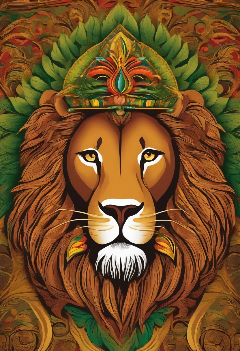 "Imagine a vibrant illustration of a majestic lion, com uma juba feita de folhas de maconha, Em um fundo de brilhante, psychedelic colours. Around the lion, Tribal Patterns and Symbolic Elements of Reggae, como guitarras, Rastafarian Reels and Symbols, They form a powerful and representative composition of reggae culture. As palavras 'Reggae Vibes' em letras estilizadas complementam a estampa, conveying the essence and unique energy of this musical genre."