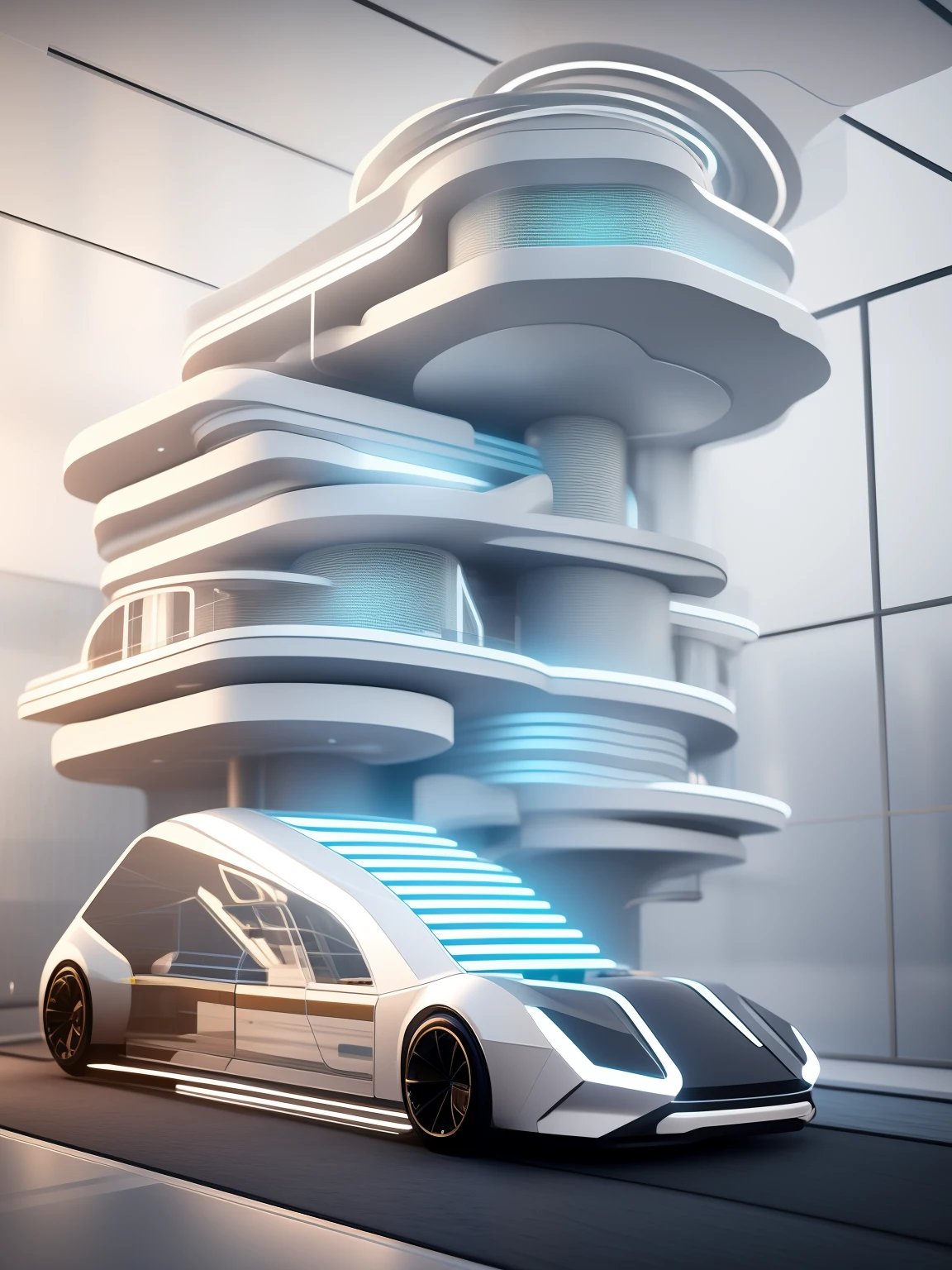 Close-up of the five-story bus，Interior lighting, Casa futurista, 3 d render beeple, Very futuristic, cyberpunk apartment, large futuristic residence, in the style of beeple, cyberpunk apartment, stunning high tech, luxury hd render, beeple rendering, beeple.hyper photorealism, archviz，