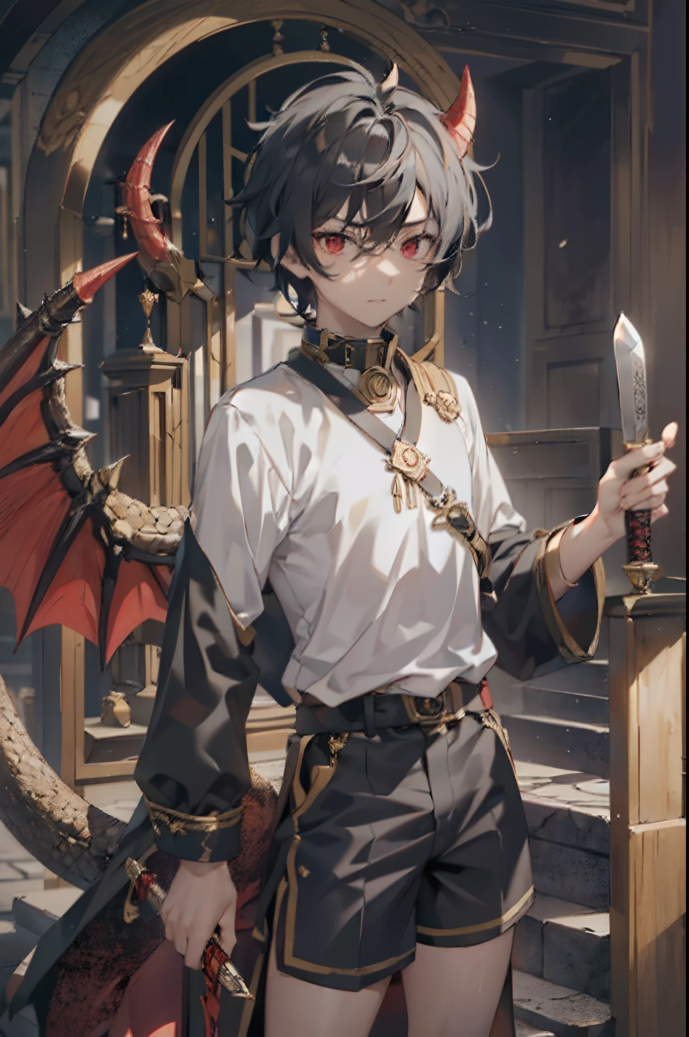 Best quality,Hyper-detailing,high-density imaging review,Masterpiece:1.2,A high resolution,((Male teenager)),(The boy's body),((male people)),Handsome and cute boy,14 year old boy,Immature boys,lovely boy,solo person,Brunette dragon boy,There is 1 pair of red dragon horns on the head,A collar is worn around the neck,Red eyes,Teenage muscles,whitet-shirt,Black shorts,He held a Green Dragon Moon Knife in his hand,The background is the abyss,((Huge black gate)),Serious expressions