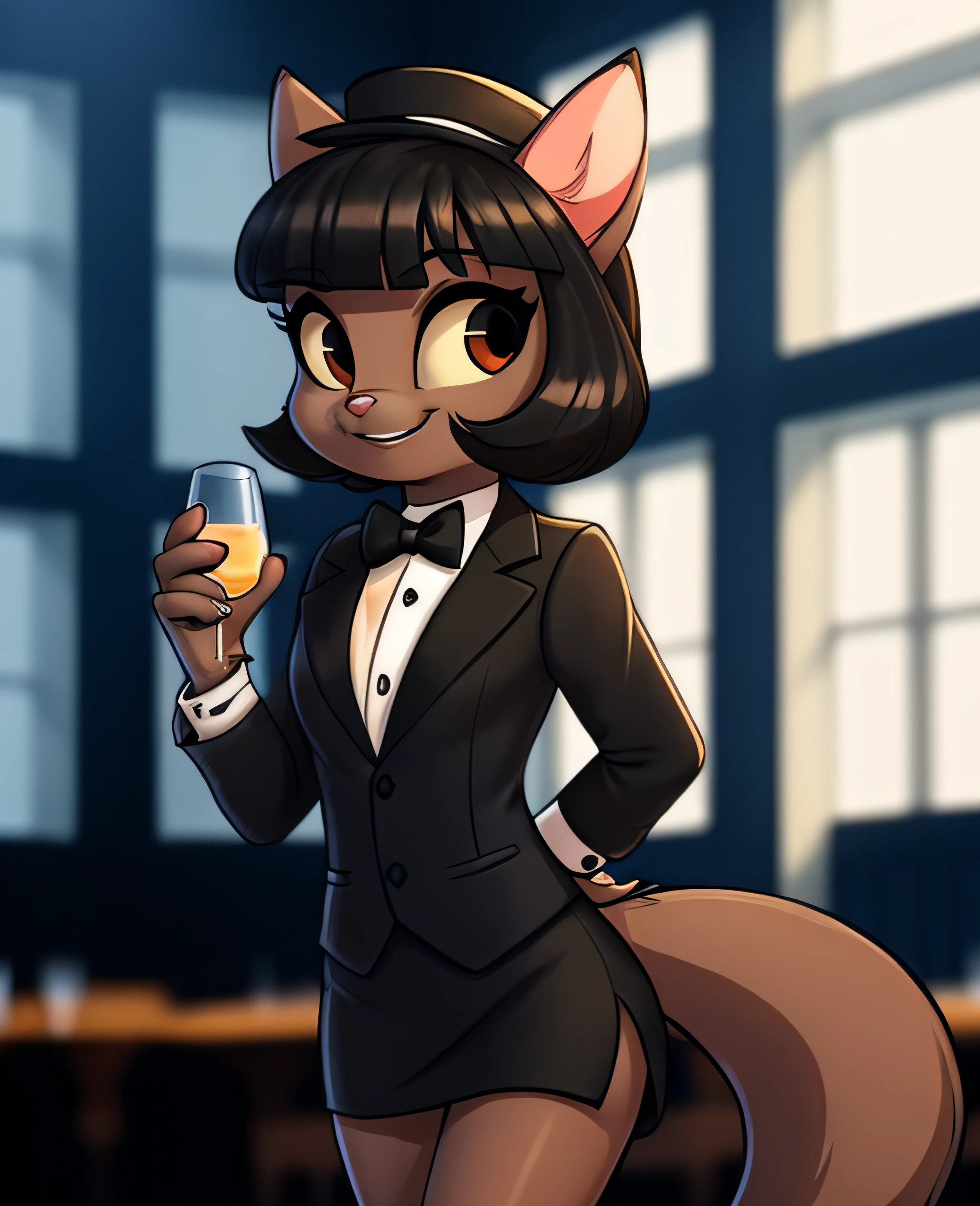 female, (Detailed face), (solo:1.1), [(thin:1.1) : small petite : (ivy pepper):4], (Detailed face), (more details, detailed background:1.1), (tail:1.1), smile, holding a glass in hand, white skirt suit, tuxedo, (((three-piece suit))), coat-tails, white tie, top hat, silk dress shirt, (((black bowtie))), ((blazer)), ((suit jacket)), open jacket, ((waistcoat)), bodycon miniskirt, tights, ((tail)), white gloves