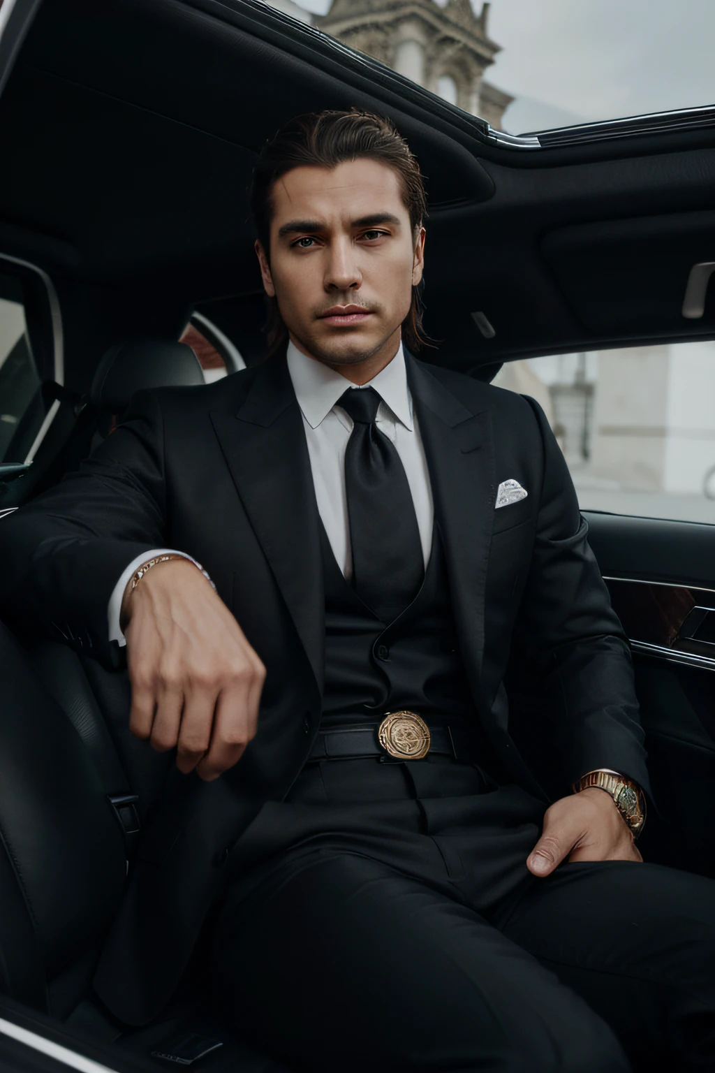 Cinematographer, sthe highest qualit, high resolusion, hombre millonario en traje versace color negro, hair tied back, Bugatti dentro Voiture Noire, conduciendo, combed hair back, auto de lujo, Bugatti Coche Negro, millonario, traje versace, hombre blanco, piel clara, brown light hair, light brown hair, cabello claro, ojos marrones claros, no beard, no mustache, no beard, no mustache