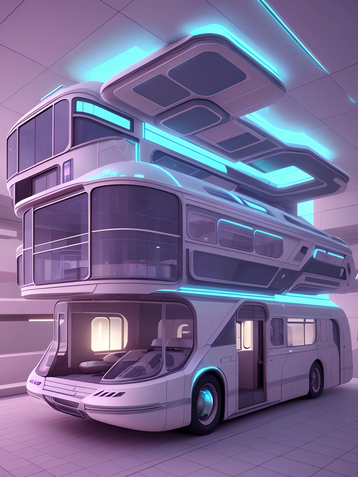 Close-up of the five-story bus，Interior lighting, Casa futurista, 3 d render beeple, Very futuristic, cyberpunk apartment, large futuristic residence, in the style of beeple, cyberpunk apartment, stunning high tech, luxury hd render, beeple rendering, beeple.hyper photorealism, archviz，large futuristic residence, incredible high details, stunning architecture, futuristic design, Realistic architecture, luxury hd render, Ultra Luxo, detailed futuristic architecture, stunning high tech, futuristic concept design, Futuristic architecture, neofuturistic highly detailed