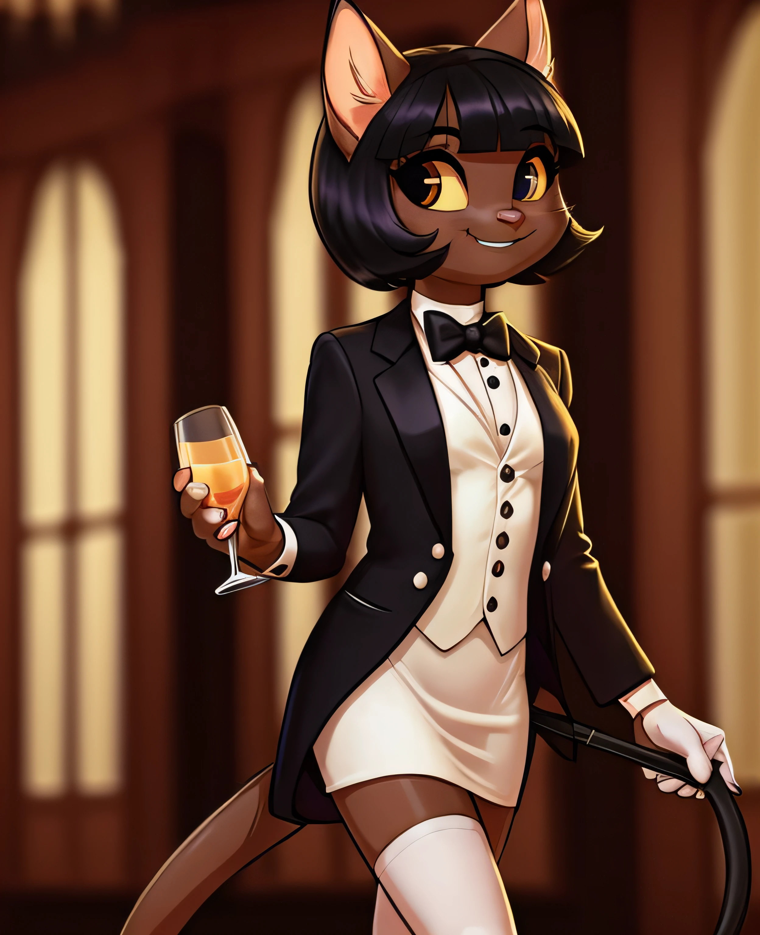 female, (Detailed face), (solo:1.1), [(thin:1.1) : small petite : (ivy pepper):4], (Detailed face), (more details, detailed background:1.1), (tail:1.1), smile, holding a glass in hand, white skirt suit, tuxedo, (((three-piece suit))), coat-tails, white tie, top hat, silk dress shirt, (((black bowtie))), ((blazer)), ((suit jacket)), open jacket, ((waistcoat)), bodycon miniskirt, tights, ((tail)), white gloves, holding cane,