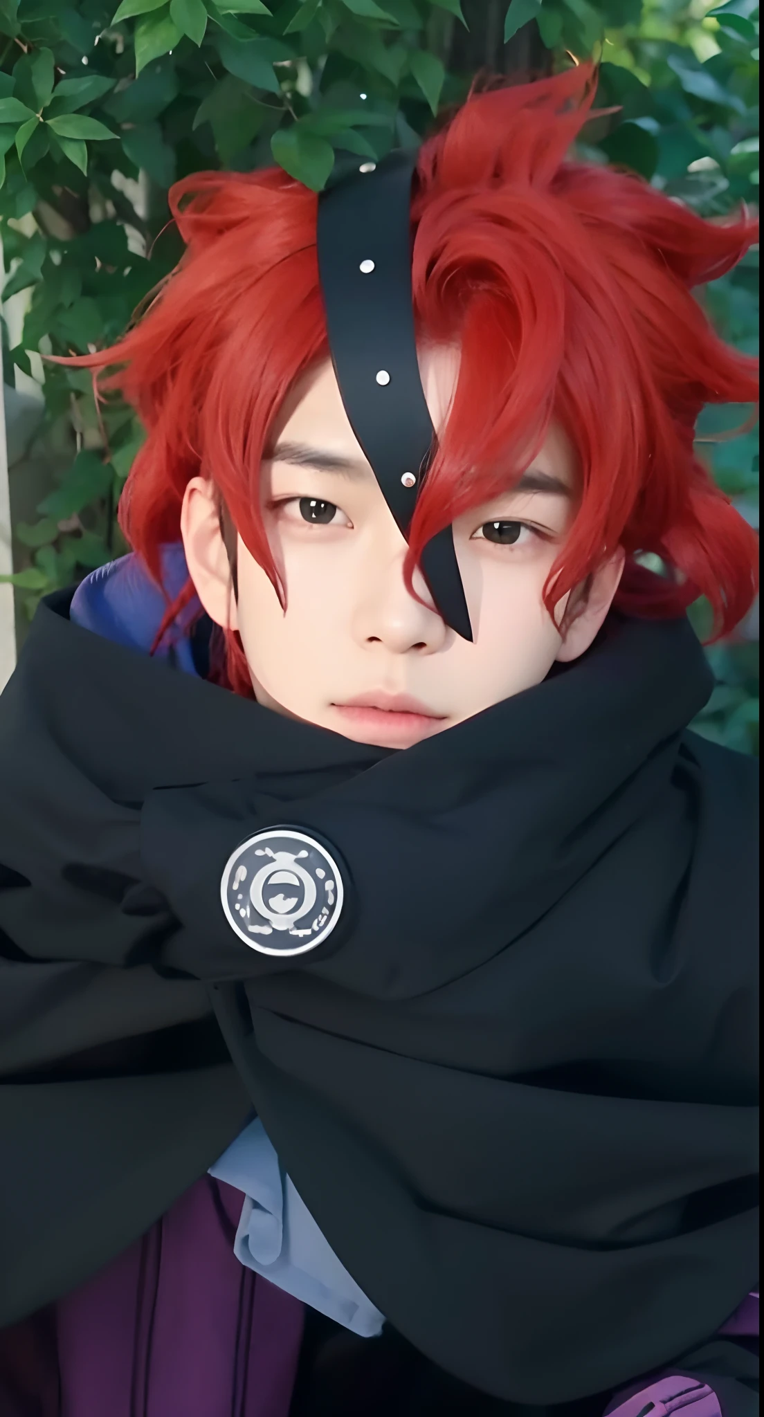Real life adaption of this character, Korean handsome man face,cool expression,realistic same hair,(realistic same outfit), realistic background, hyper realistic, realistic light, realistic shadow, realism,(photorealistic:1.2), looking to viewer, realistic same accecories in the head,