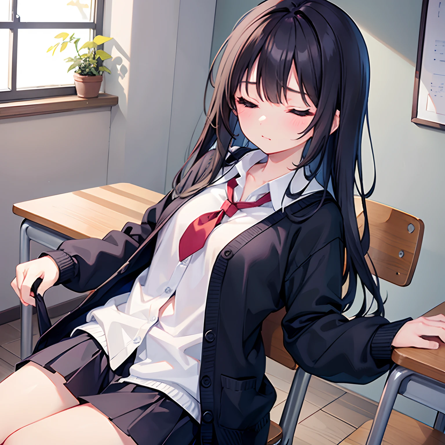 girl with、1 persons、18year old、Dark hair、Black eyes、length hair、Sleep with your eyes closed、Smaller chest、Pupils、校服、Cardigan、Schools、Classroom、sit a chair