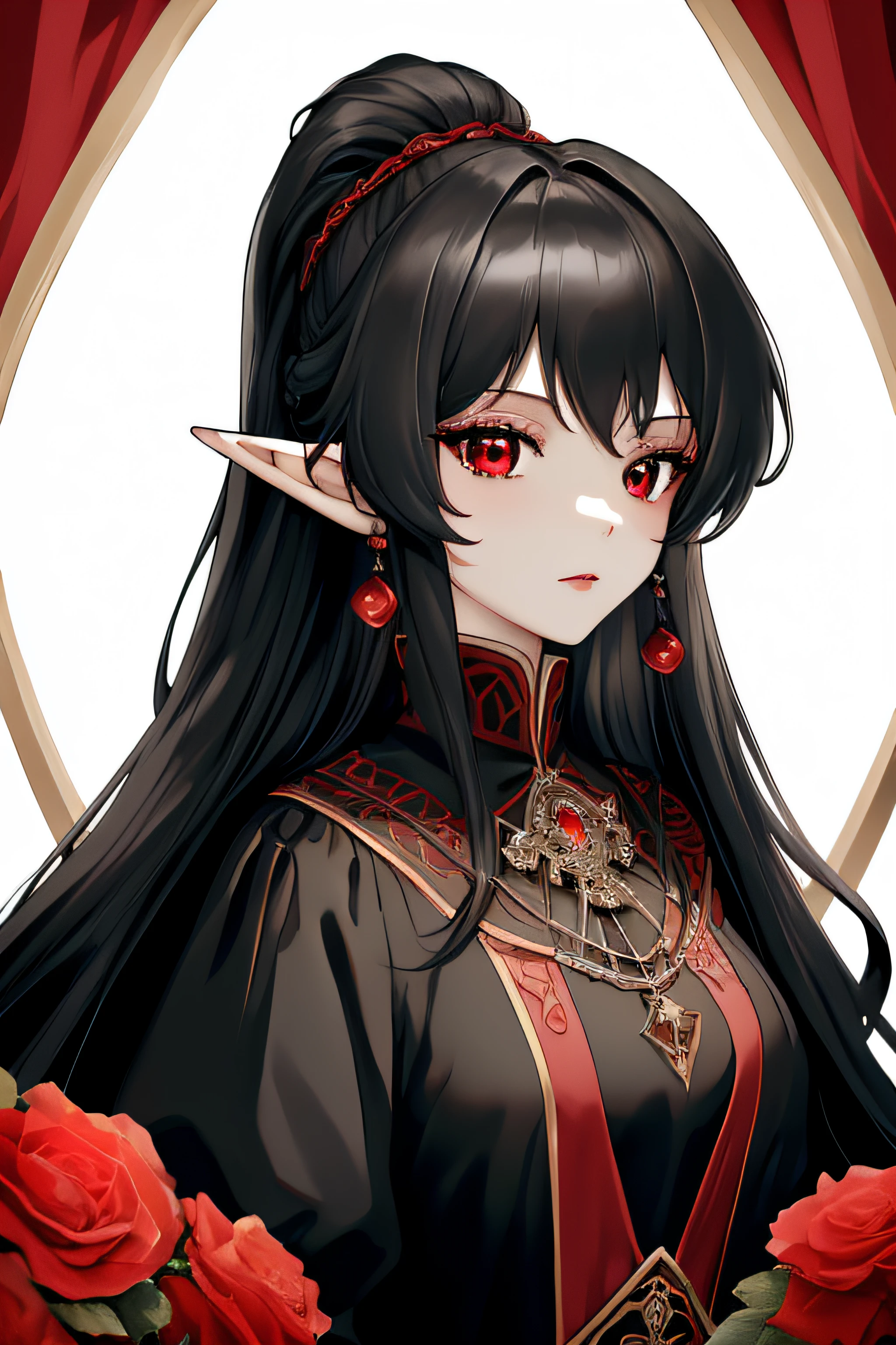 masterpiece, best quality, highres, 1girl, black red dress like princess, wearing a noble's dress, elegant dress, princess, elf, long hair, close up, outdour, background red dark flower, ponytail, hair tied with a rope with red dice accessories, red eye, 20age, anime style, black hair with red inside, boob D cup, loking at viewer, loking at camera, closeup,