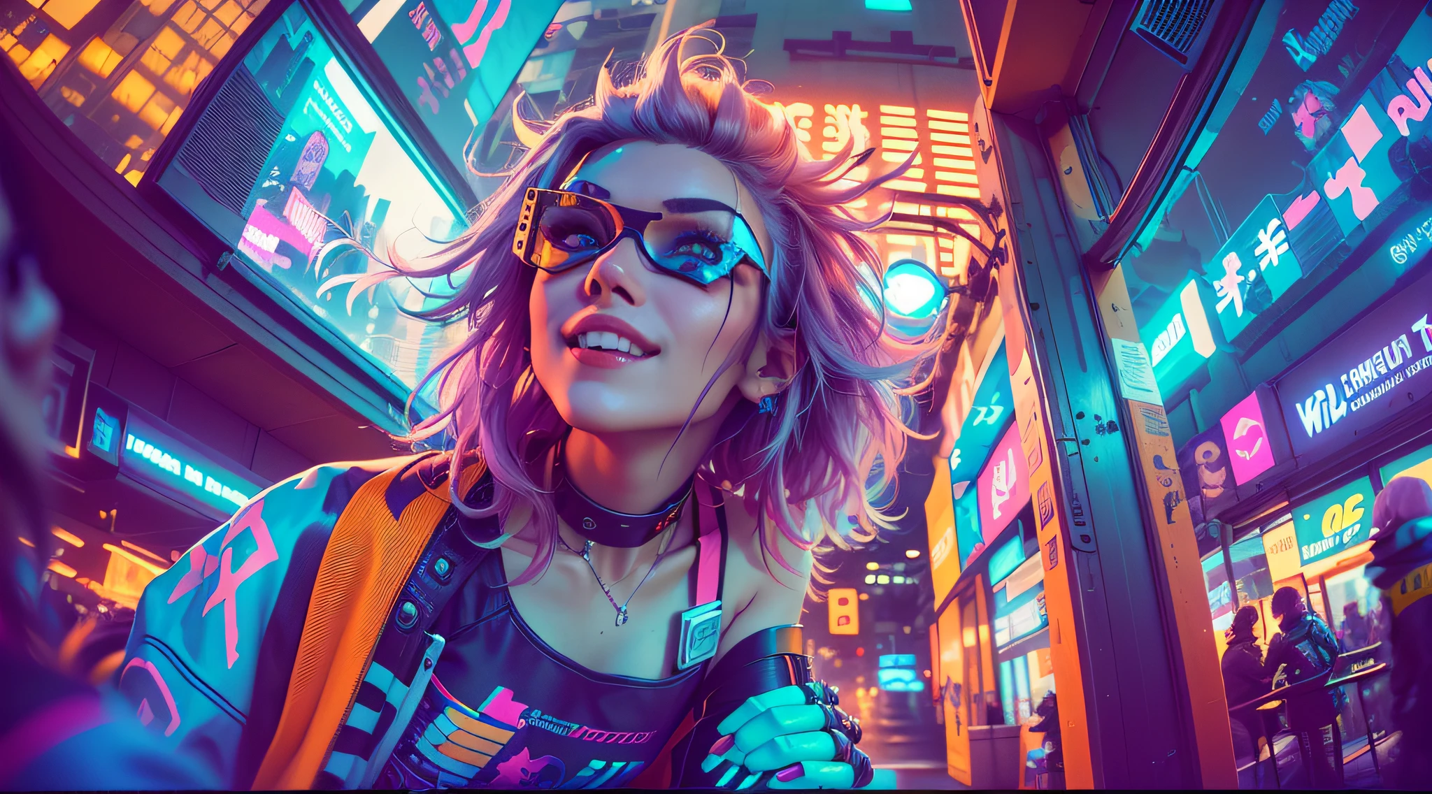 (2 cyberpunk girls in colorful Harajuku style pop costumes)), ((((fisheyelens)))), Cowboy shot, Wind, Messy hair, ((《cyberpunk 2077》view over city)), (Cyberpunk aesthetic and atmosphere:1.3), Bright colors, Smiling, ((Cinematic lighting)),Add an NVIDIA graphics card logo in the lower right corner