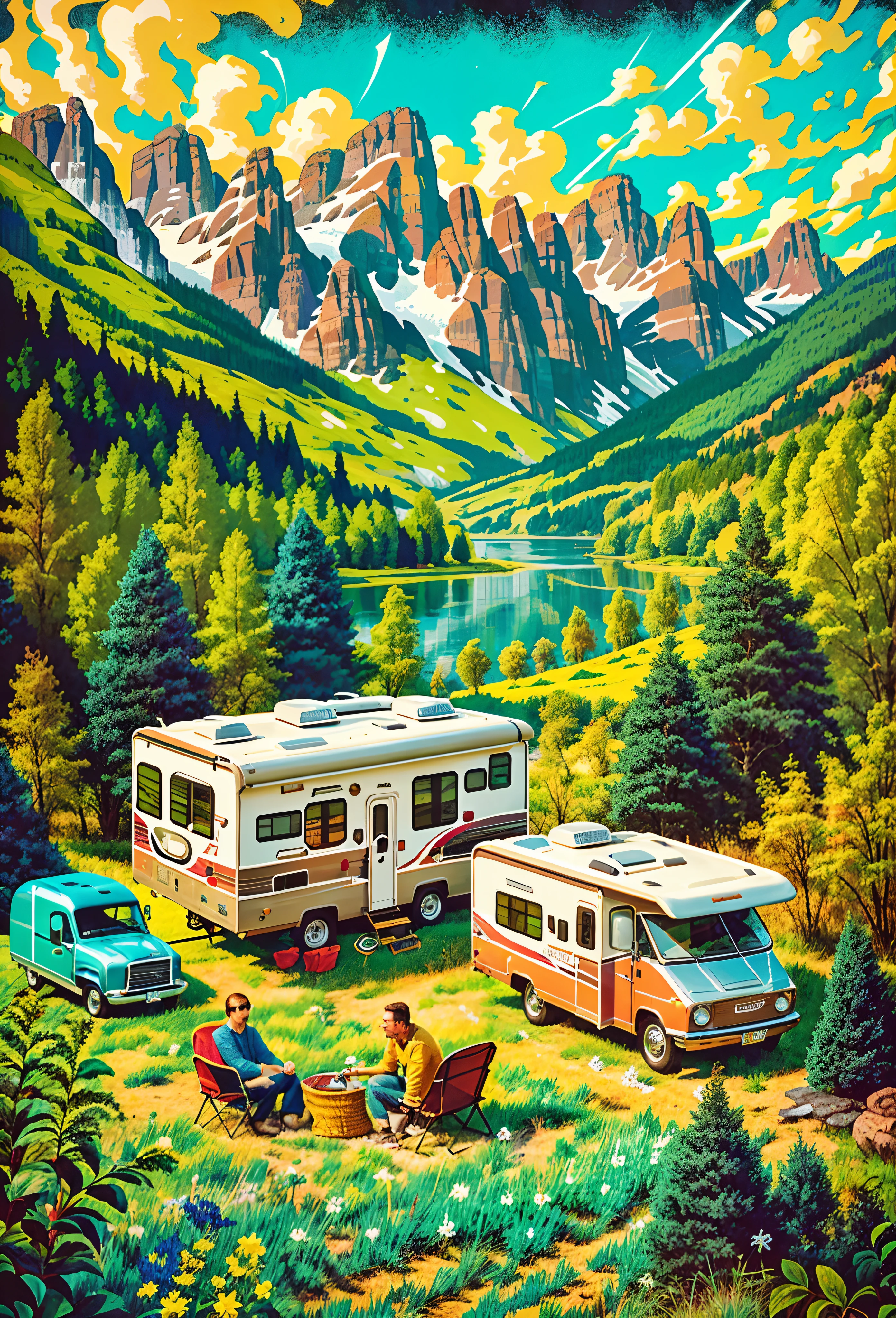 There were two motorhomes parked in the fields by the lake, jen bartel, author：Trevor Brown, inspired by Brothers Hildebrandt, Stylized digital illustration, inspired by Brothers Hildebrandt, beautiful retro art, bussiere rutkowski andreas rocha, Inspired by Trevor Brown, Commercial illustration, Detailed 2D illustration, author：Marshall Arisman