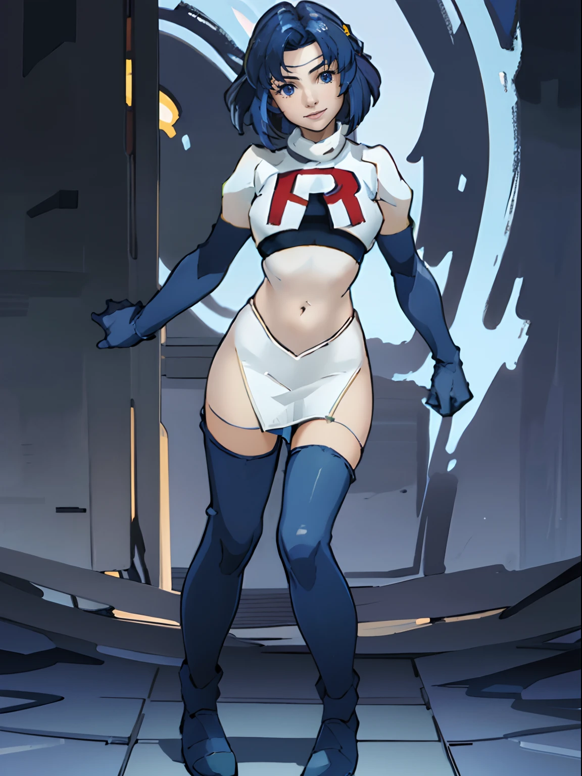 (best quality,4k,highres,masterpiece:1.2), ultra-detailed,(realistic:1.37)
face of Catria_echoes, 1girl, evil smile, team rocket, team rocket uniform, red letter R, white skirt, white crop top, black thigh-highs, black elbow gloves
portrait, anime, vivid colors, soft lighting