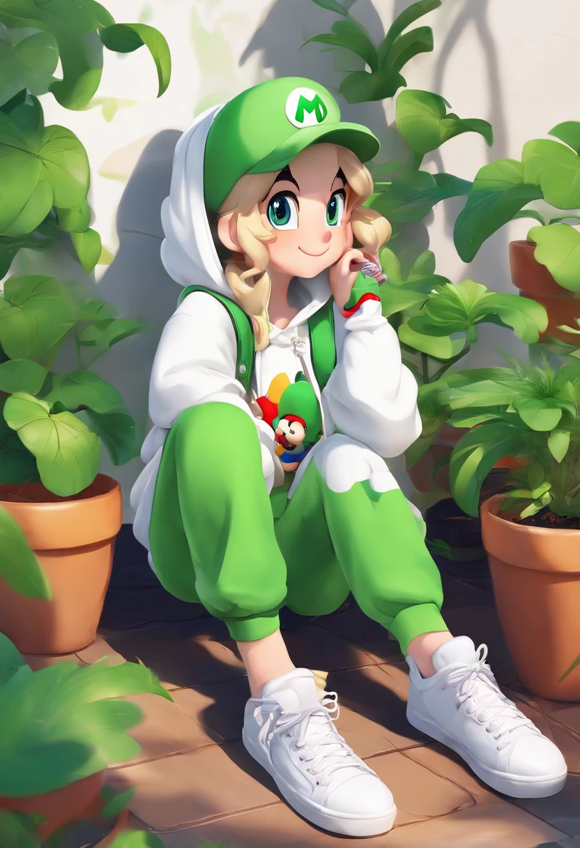 ite girl, white hoodie, Green eyes, black sneakers, near plants.