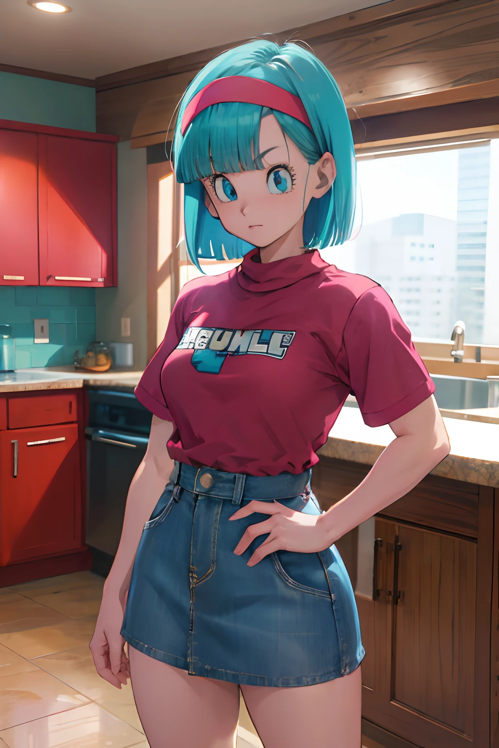 masterpiece, best quality, highres, dragon ball, blmmid, aqua hair, medium hair, blunt bangs, red hairband, medium breasts, shirt, skirt, cowboy shot, indoors, standing,