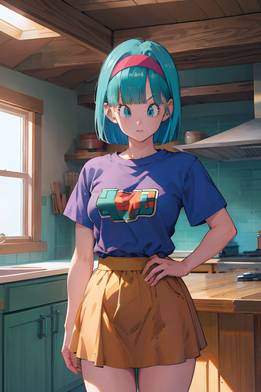 masterpiece, best quality, highres, dragon ball, blmmid, aqua hair, medium hair, blunt bangs, red hairband, medium breasts, shirt, skirt, cowboy shot, indoors, standing,