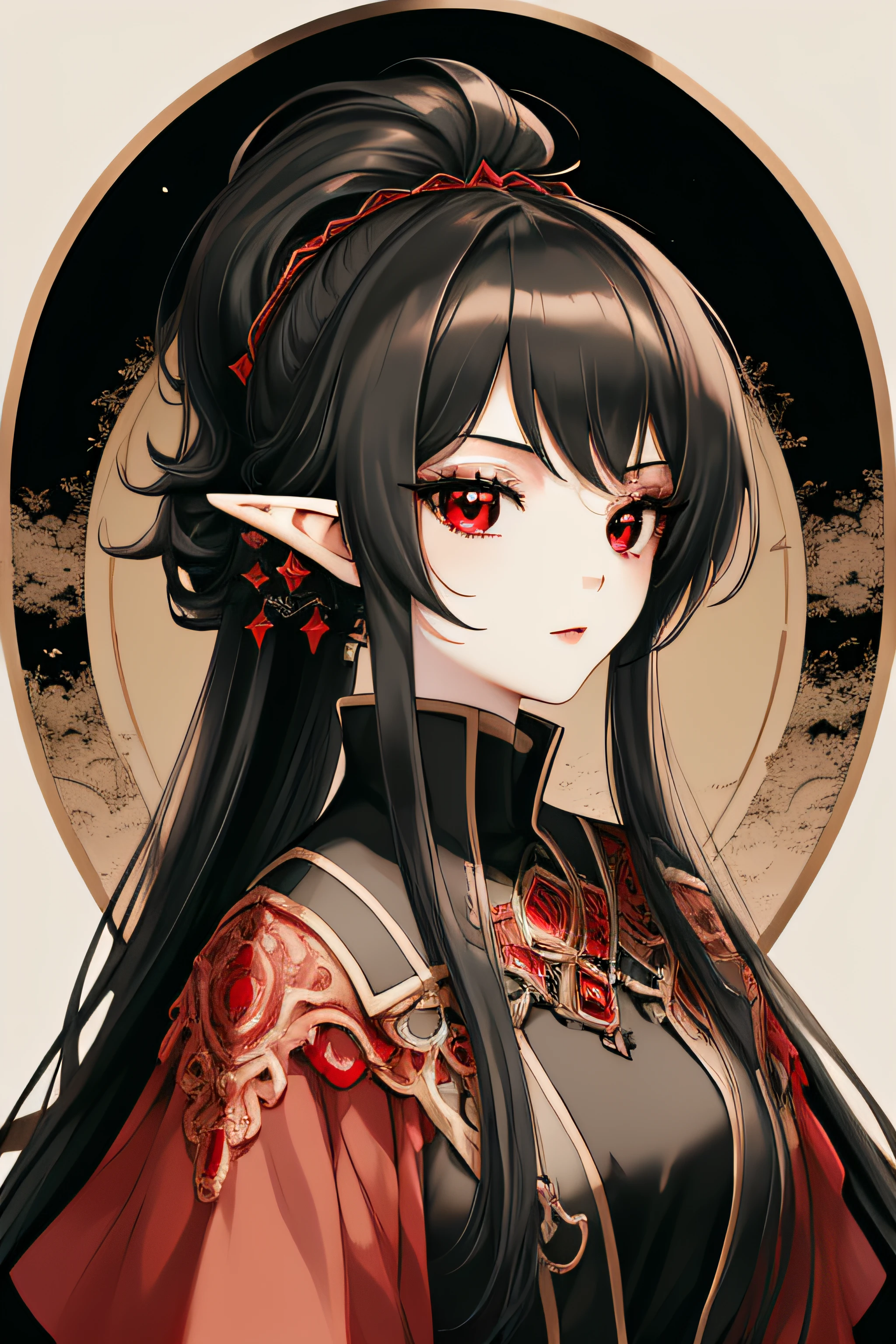 masterpiece, best quality, highres, 1girl, black red dress like princess, wearing a noble's dress, elegant dress, princess, elf, long hair, close up, outdour, background red dark flower, ponytail, hair tied with a rope with red dice accessories, red eye, 20age, anime style, black hair with red inside, boob D cup, loking at viewer, loking at camera, closeup,