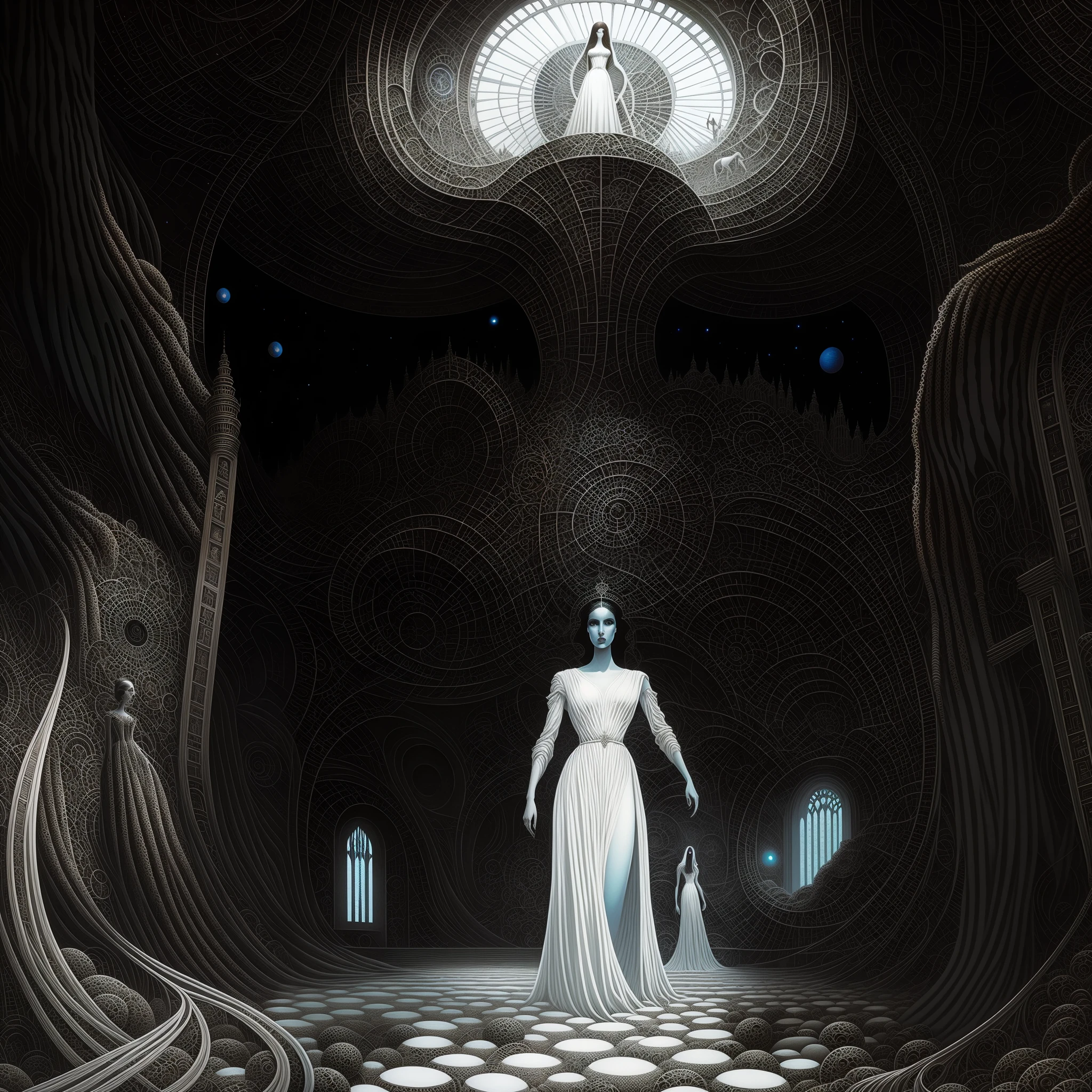 arafed woman in a white dress standing in a room with a large window, dan mumford tom bagshaw, inside her temple, cosmic horror concept art, wayne barlowe pierre pellegrini, dan mcpharlin : : ornate, inspired by Virgil Finlay, fantasy and cosmic horror movie, wide angle fantasy art, intricate and epic composition, surreal sci fi set design