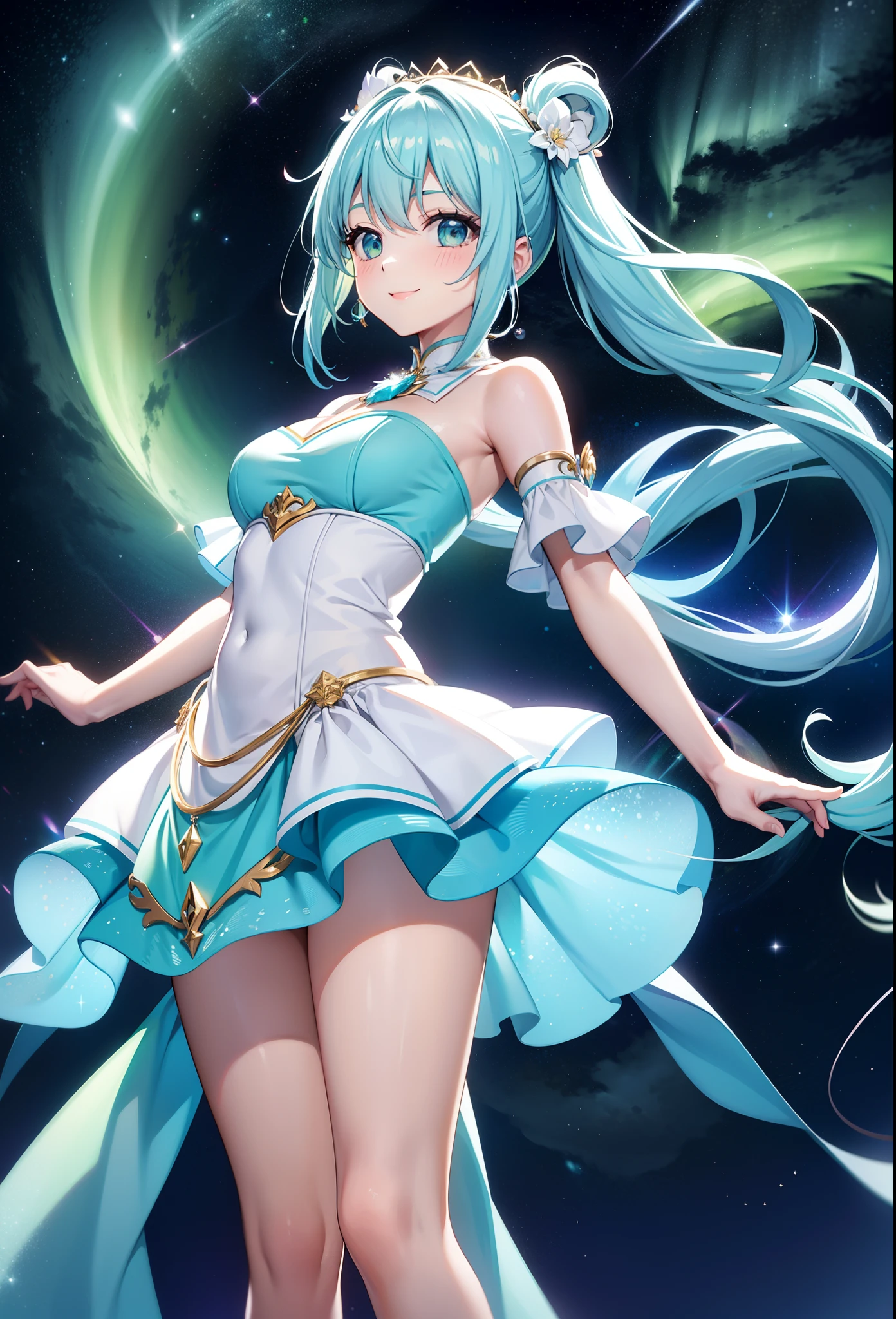 Super Idol a beauty girl A charming smile sky blue hair length hair Twin-tailed Glowing pale bright green and white outfit Fantasia constellation a moon Crystal Brilliance Aurora Borealis in the Night Sky