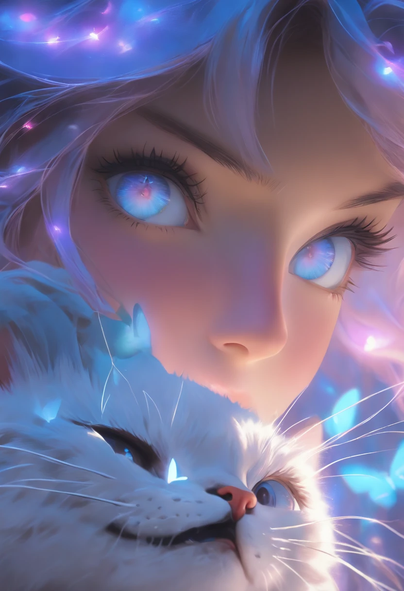 detail, Realism, 4K, Beautuful Women, detail in face, Big blue eyes, Plump lips, Upturned nose, Purple and gray hair, Wearing a light blue dress, The cat in his hands, Blue moonlight background, White butterfly in the foreground, Realistic shooting, depth of fields, Soft front light, Glow, NFFSW ，（zoomout：1.8），(pastelcolor: 1.2), Canon RF 100mm F2.8L 宏 IS USM
