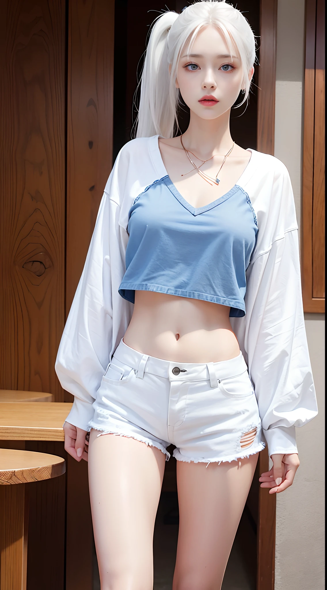 Realistic, high resolution, 1 girl, ponytail white hair, korean, blue eyes, shirt, skinny denim shorts, mid-chest, thin waist, thighs