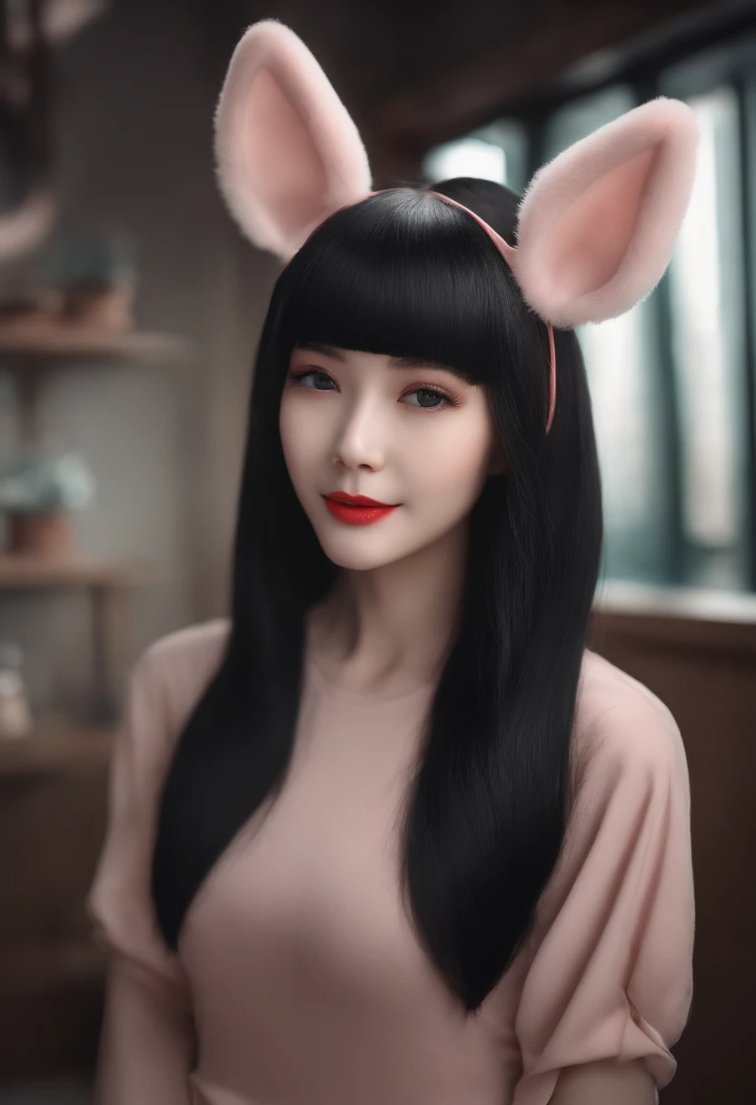 black hair, hair bobbles, wince, longeyelashes, solid circle eyes, fake animal ears, light smile, ear blush, fang, Surrealism, drop shadow, anaglyph, stereogram, tachi-e, pov, atmospheric perspective, 8k, super detail, ccurate, best quality