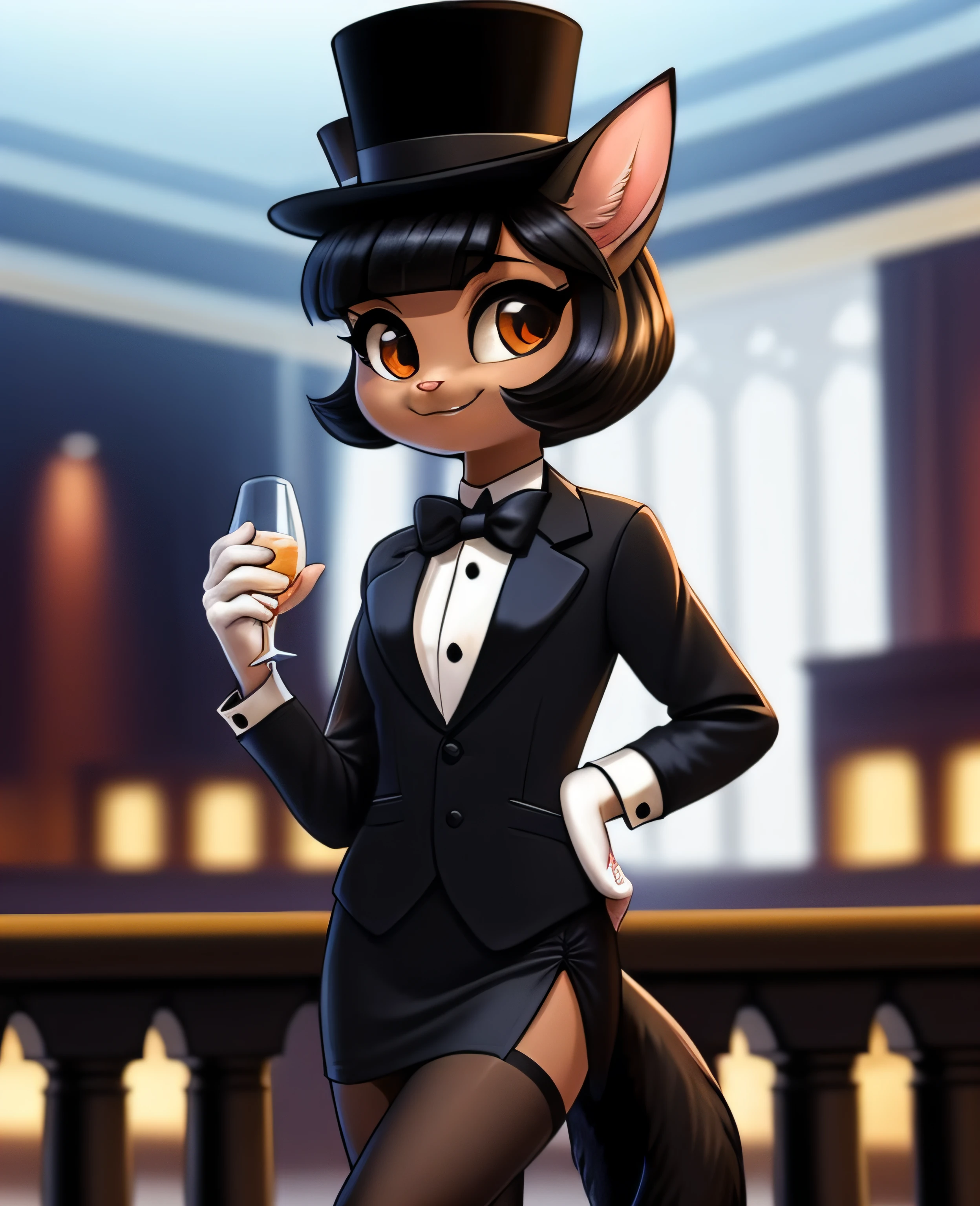 female, (Detailed face), (solo:1.1), [(thin:1.1) : small petite : (ivy pepper):4], (Detailed face), (more details, detailed background:1.1), (tail:1.1), smile, holding a glass in hand, white skirt suit, tuxedo, (((three-piece suit))), coat-tails, white tie, top hat, silk dress shirt, (((black bowtie))), ((blazer)), ((suit jacket)), open jacket, ((waistcoat)), bodycon miniskirt, tights, ((tail)), white gloves, holding cane,