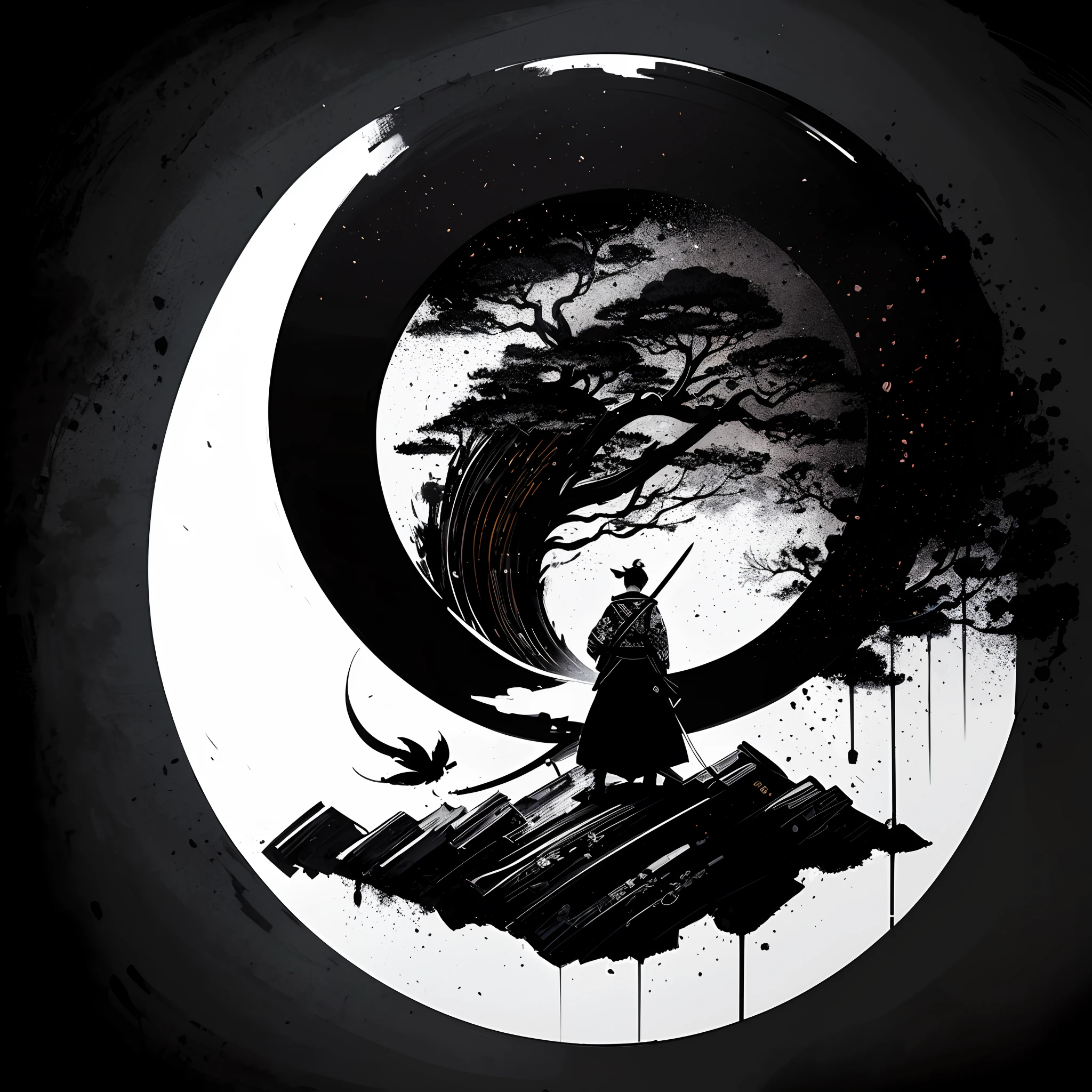 (masterpiece),illustration,logo,Speckle ink,ink painting,circle,amazing painting art,logo design,Chinese Traditional Painting,black and white,samurai,prajna