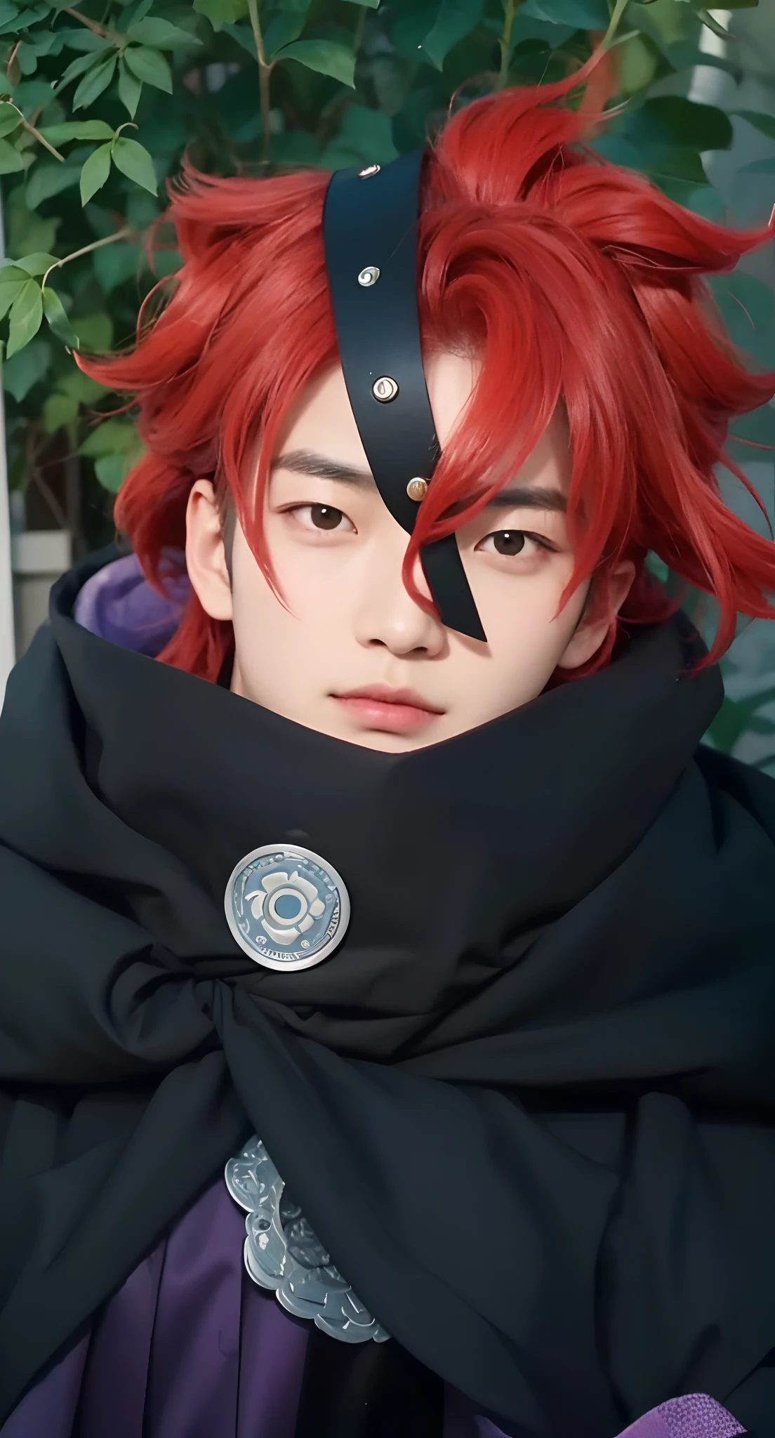 Real life adaption of this character, Korean handsome man face,cool expression,realistic same hair,(realistic same outfit), realistic background, hyper realistic, realistic light, realistic shadow, realism,(photorealistic:1.2), looking to viewer, realistic same accecories in the head,
