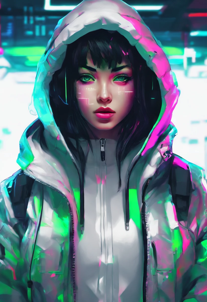 petite girl, white hoodie, Green eyes, black sneakers, black hair.